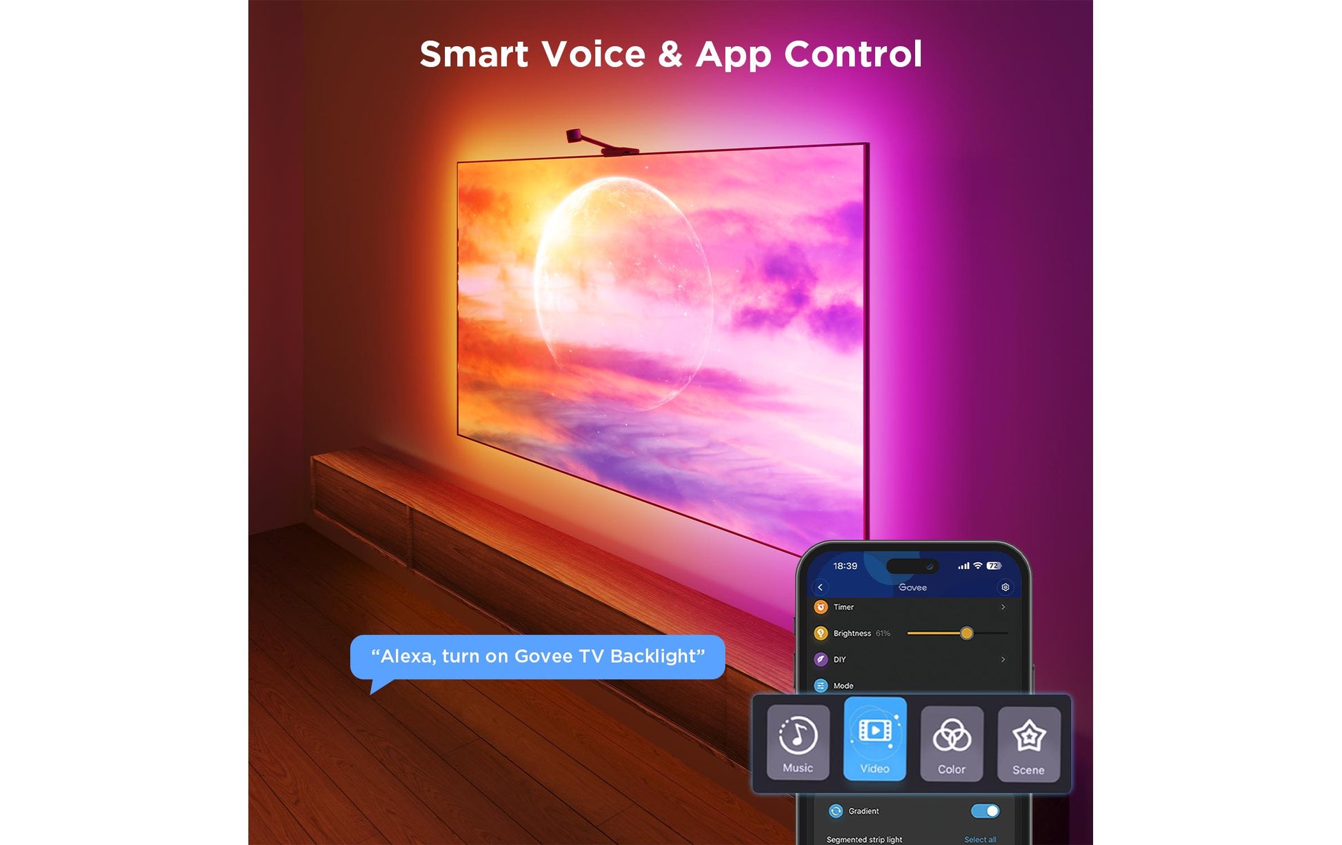 Govee Envisual TV Hintergrundbeleuchtung 3S TV-Hintergrundbeleuchtungs-Set – RGBIC, Wi‑Fi + Bluetooth – für 55–65" Fernseher – Schwarz