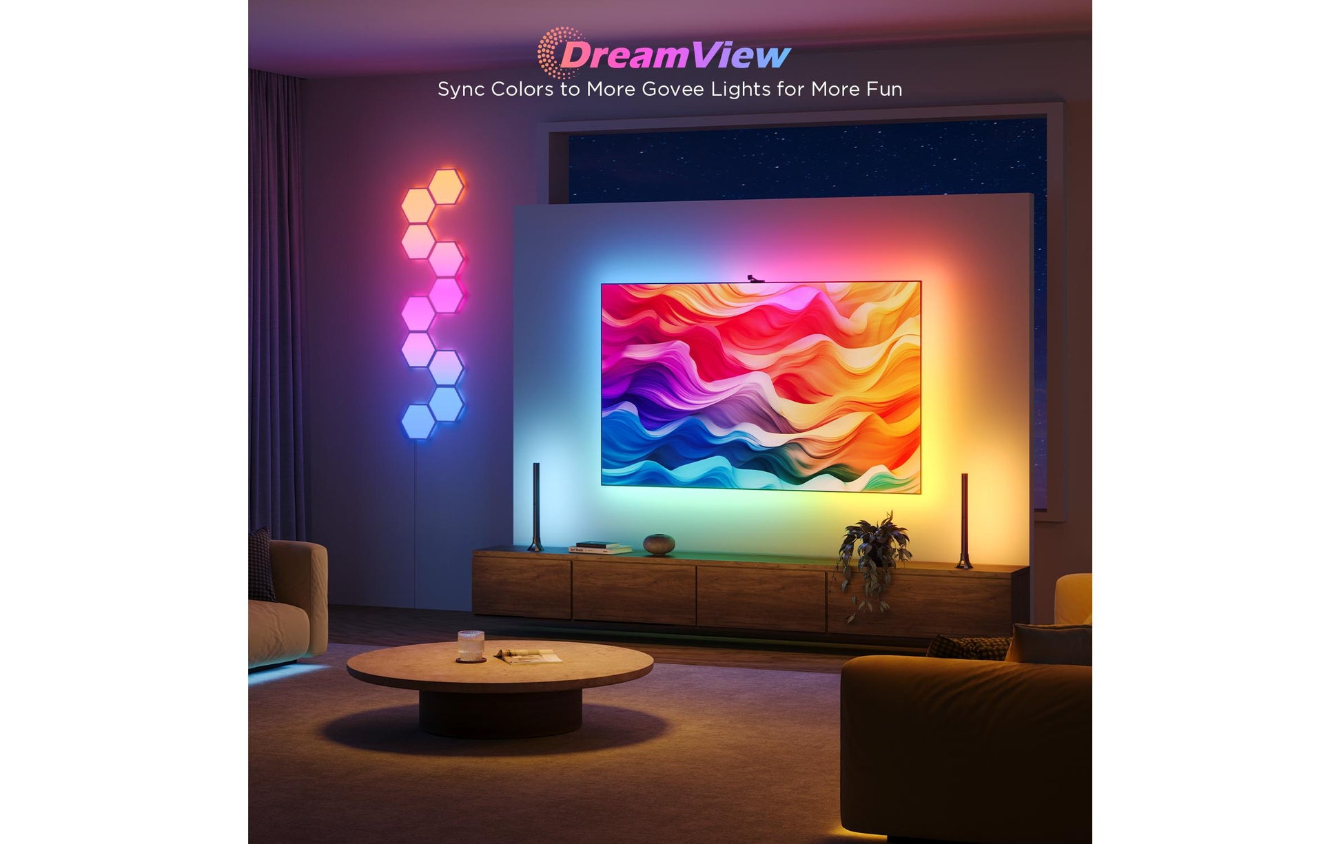 Govee Envisual TV Hintergrundbeleuchtung 3S TV-Hintergrundbeleuchtungs-Set – RGBIC, Wi‑Fi + Bluetooth – für 55–65" Fernseher – Schwarz
