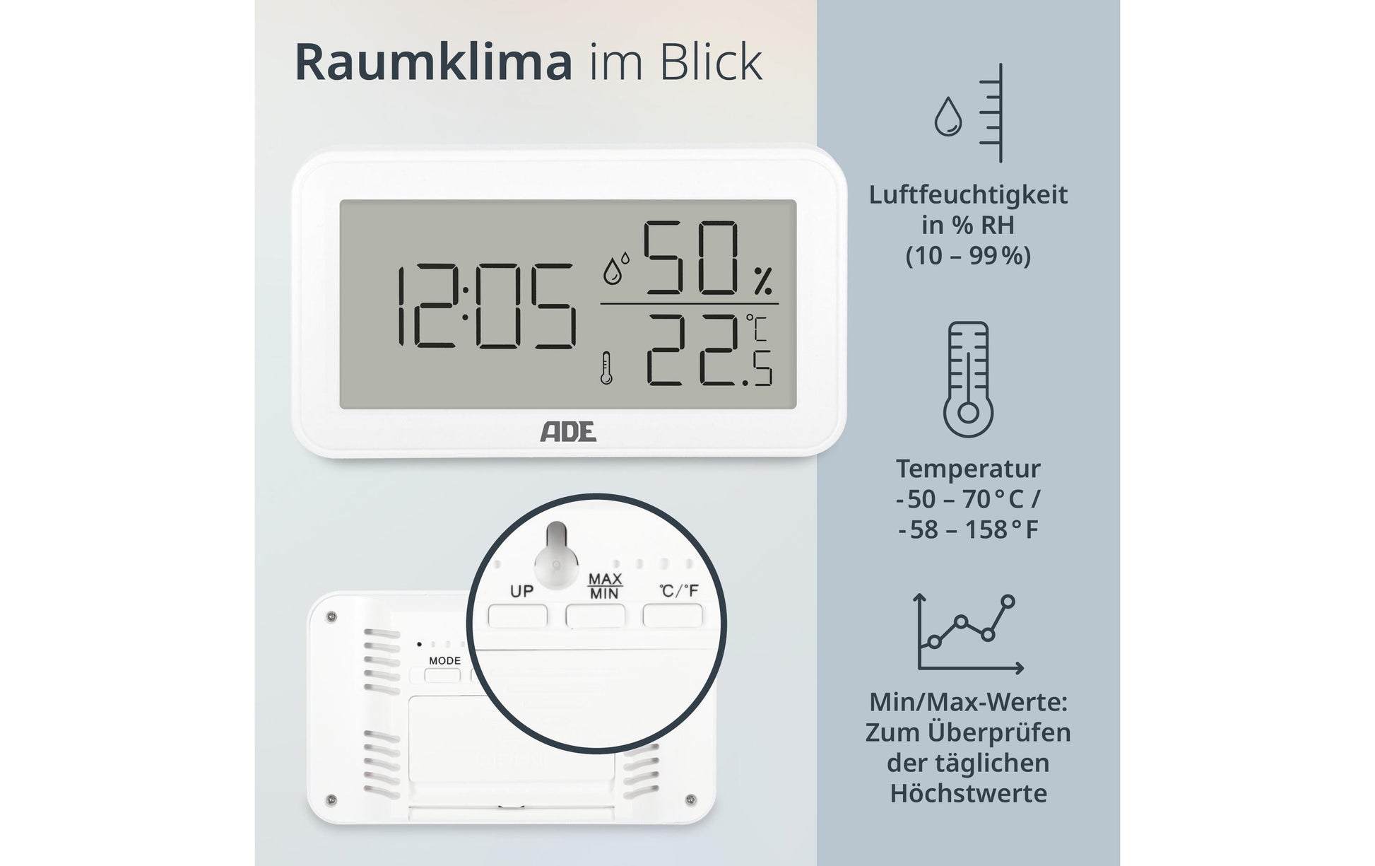 ADE WS2322 Thermo-Hygrometer (Handgerät) – 50–70 °C, 10–99 %, Innen