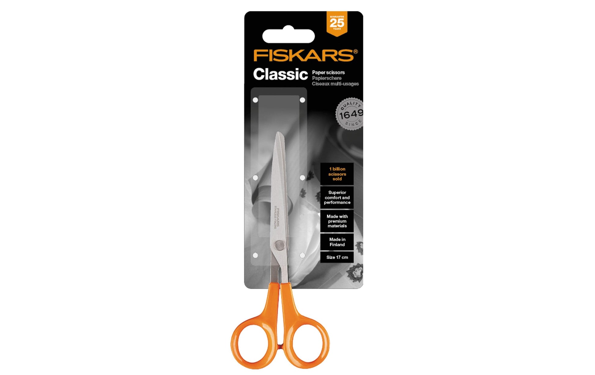 Fiskars Universalschere – 17 cm, Edelstahl, für Rechts- und Linkshänder, spitz, Kunststoff, Orange