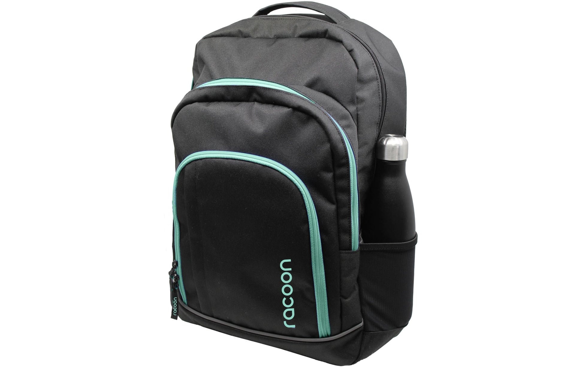 Racoon – Schulrucksack – Schwarz mit grünen Details – Recyceltes PET – 33×48×20 cm, 30 l