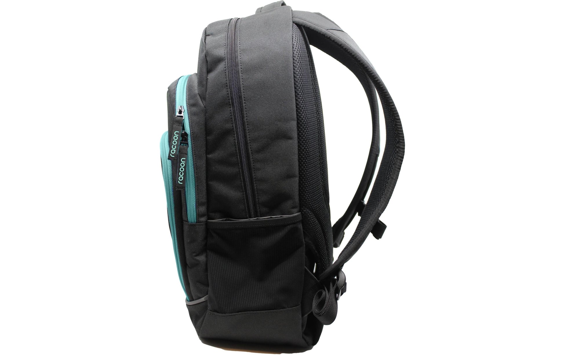 Racoon – Schulrucksack – Schwarz mit grünen Details – Recyceltes PET – 33×48×20 cm, 30 l