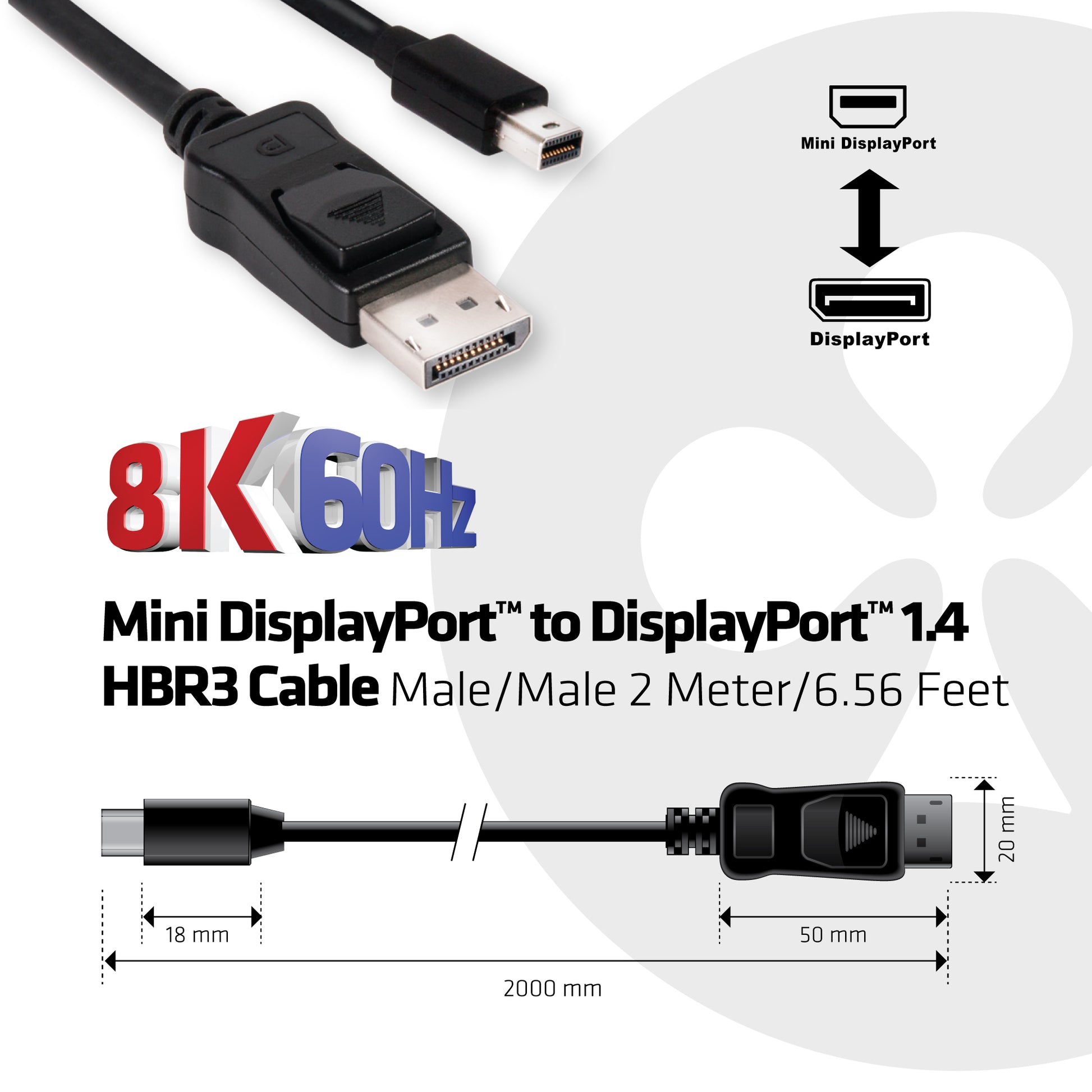 CLUB3D Mini DisplayPort auf DisplayPort Kabel – DP 1.4 – 8K 60 Hz – 2 m