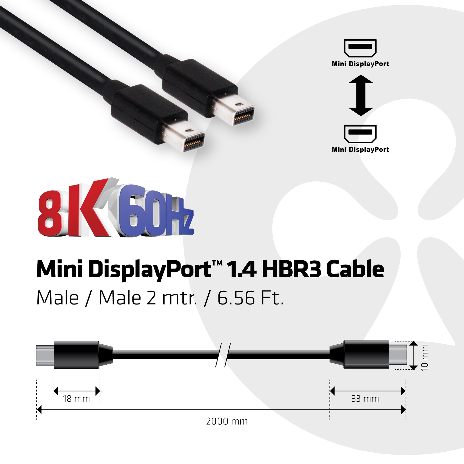 CLUB3D Mini-DisplayPort Kabel DP 1.4 8K 60 Hz – 2 m