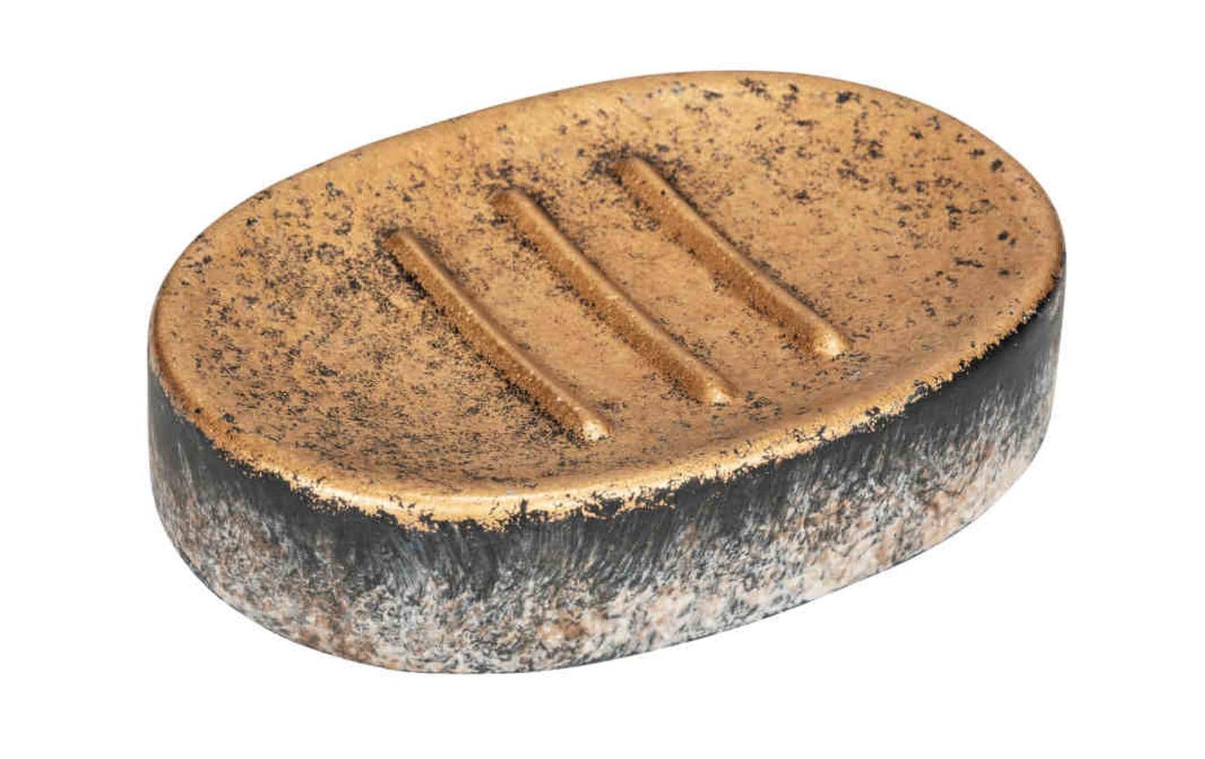 Wenko Seifenschale Lacona – 12×2,6×8,3 cm, Beton, Schwarz/Gold (oval)