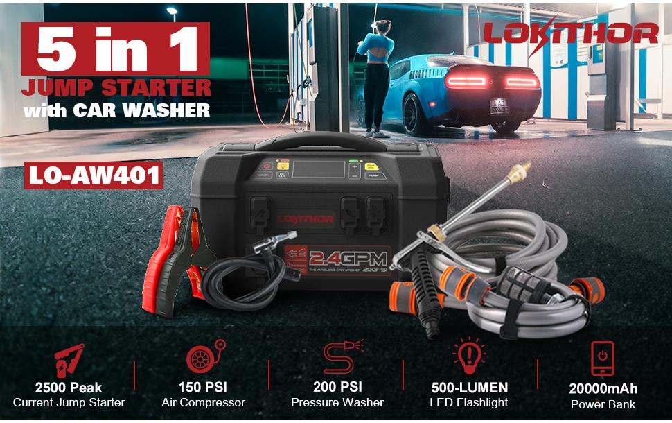 Lokithor AW401 Starthilfegerät – 2 500 A Startstrom, 12 V, 74 Wh/20 000 mAh, USB, Kompressor, Schwarz