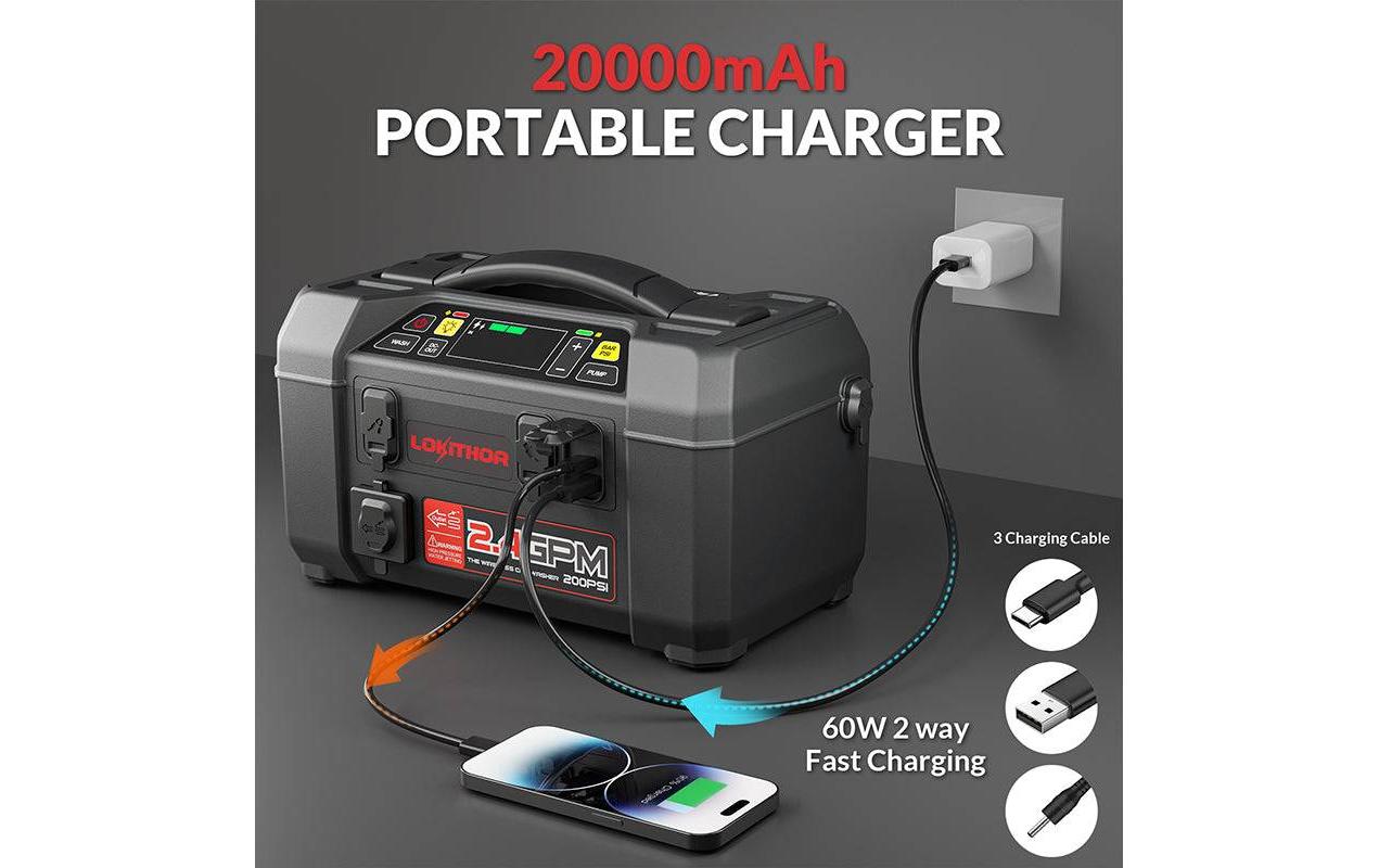 Lokithor AW401 Starthilfegerät – 2 500 A Startstrom, 12 V, 74 Wh/20 000 mAh, USB, Kompressor, Schwarz