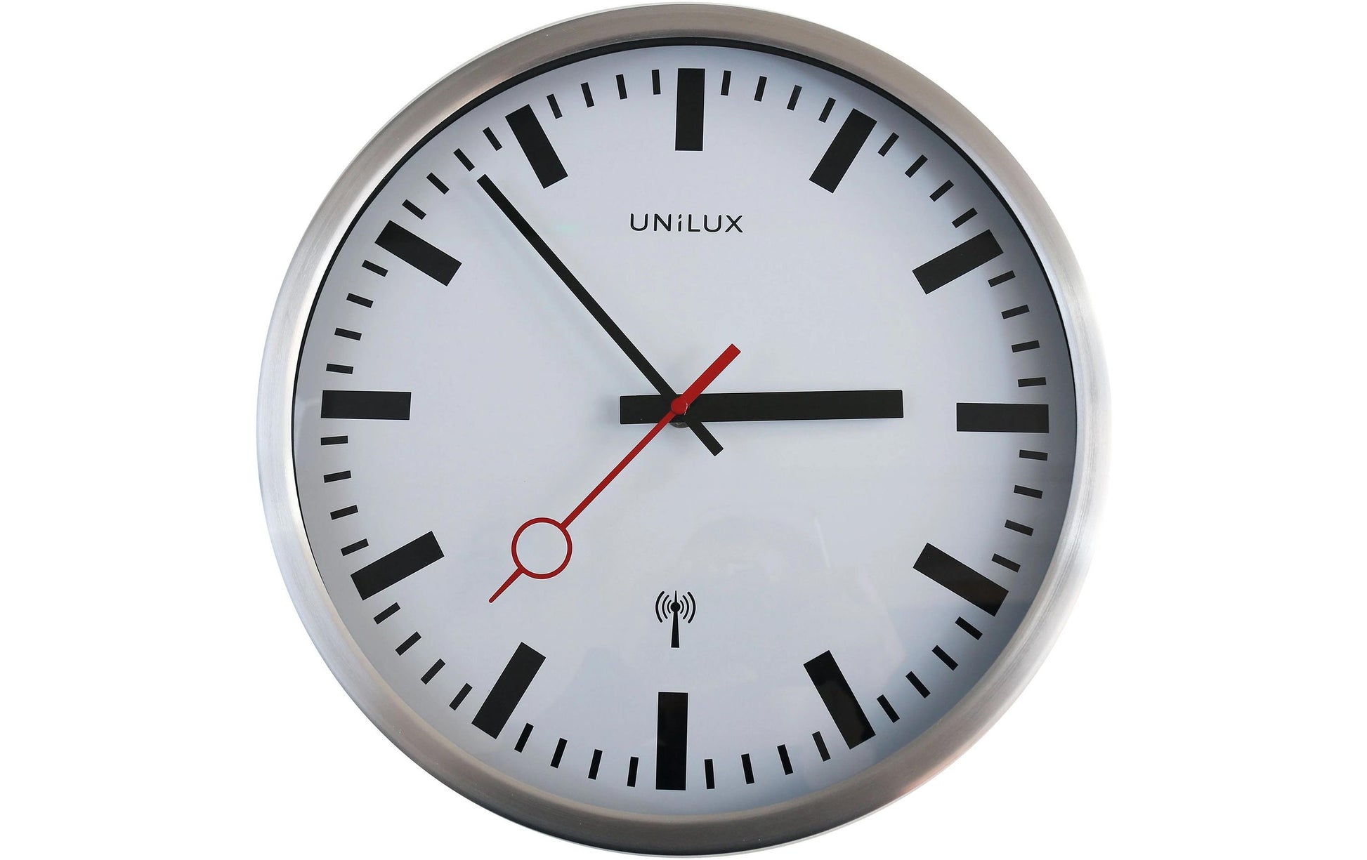 Unilux STATION Wanduhr – Funk, analog, lautlos, Ø 35,5 cm, Silber, Aluminium/Glas