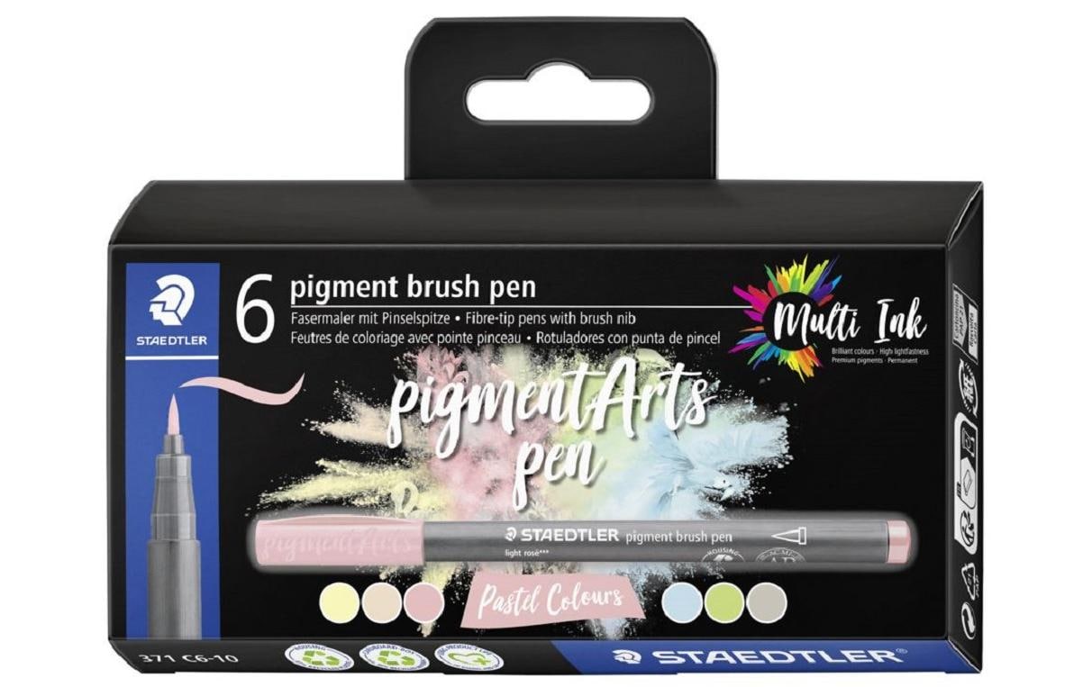 STAEDTLER Pigment Brush Pen – Pinselspitze, 6 Farben, 6 Stk., wasserfest