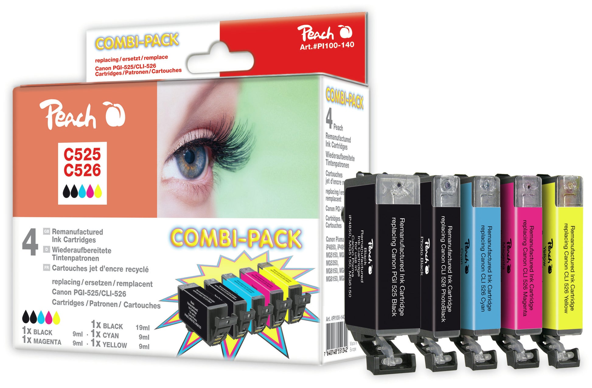 Peach PGI-525/CLI-526 Tintenpatronen-Multipack, 5er-Set (Kompatibel) – für Canon Pixma MG 5140/5150 …