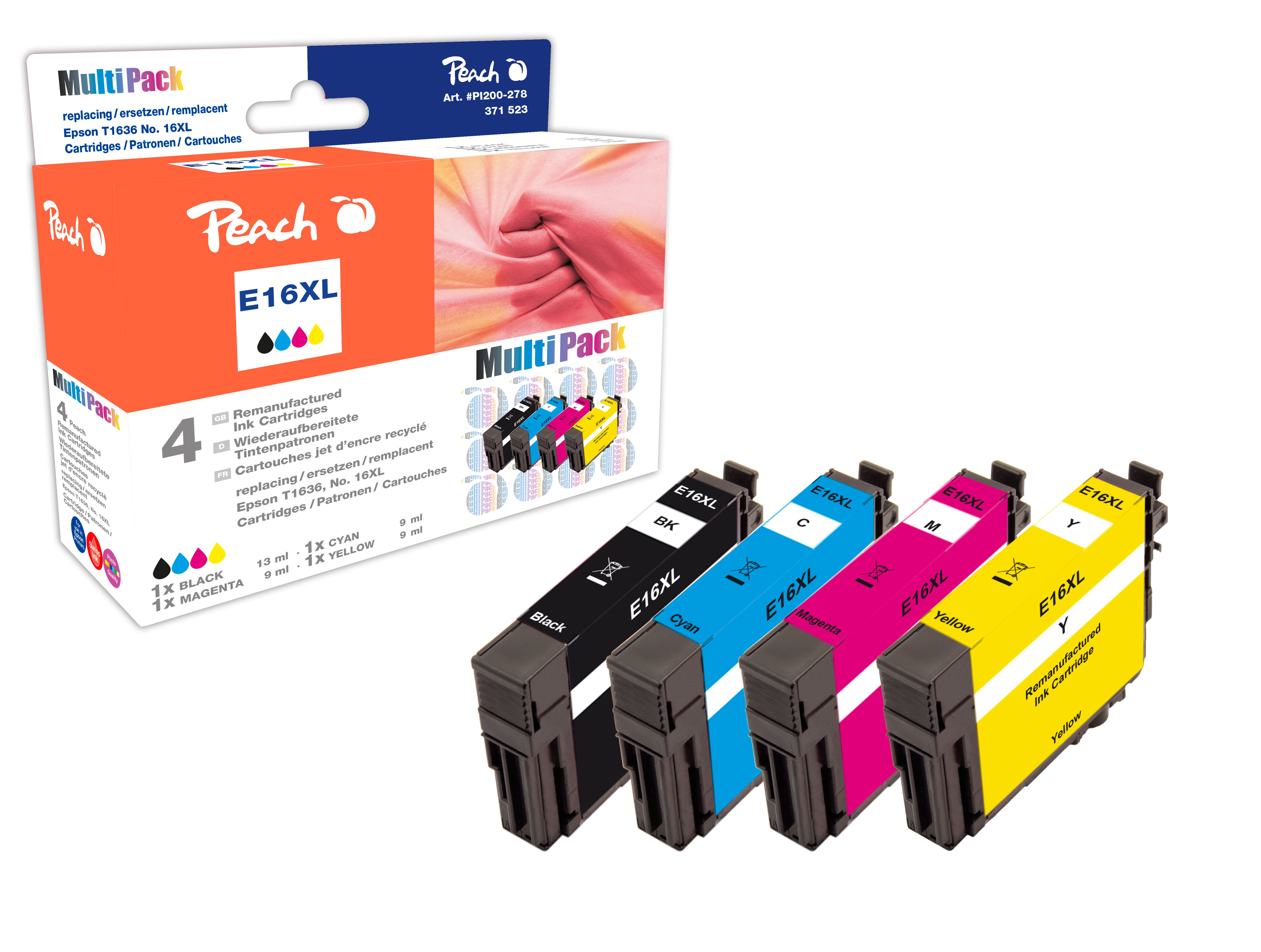 Peach 16XL Tintenpatronen-Multipack, Schwarz/Cyan/Magenta/Gelb (Kompatibel) – für Epson WorkForce WF-2760
