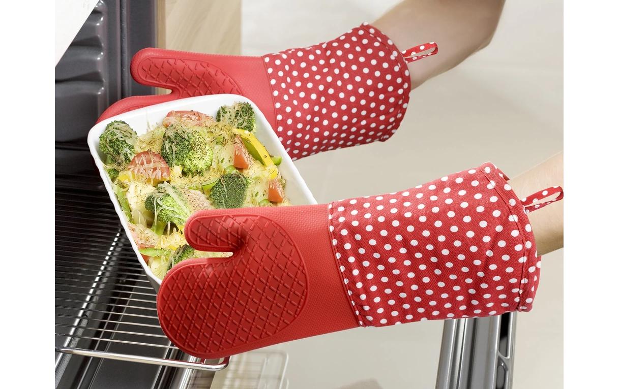 WENKO Topfhandschuhe 1 Paar, 18,5 × 37,5 cm, Baumwolle/Silikon, Rot, rutschfest, für Grill