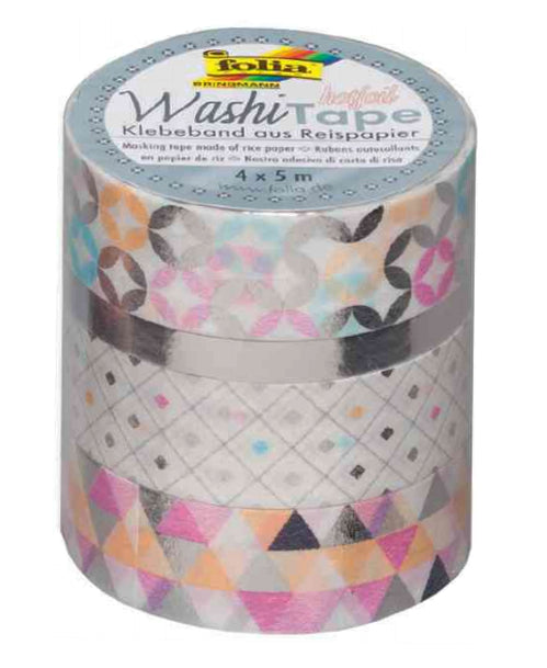Folia Washi Tape Set mit Heissfolienveredelung – sortiert – 4 Rollen (1 × 5 mm × 5 m, 3 × 15 mm × 5 m)