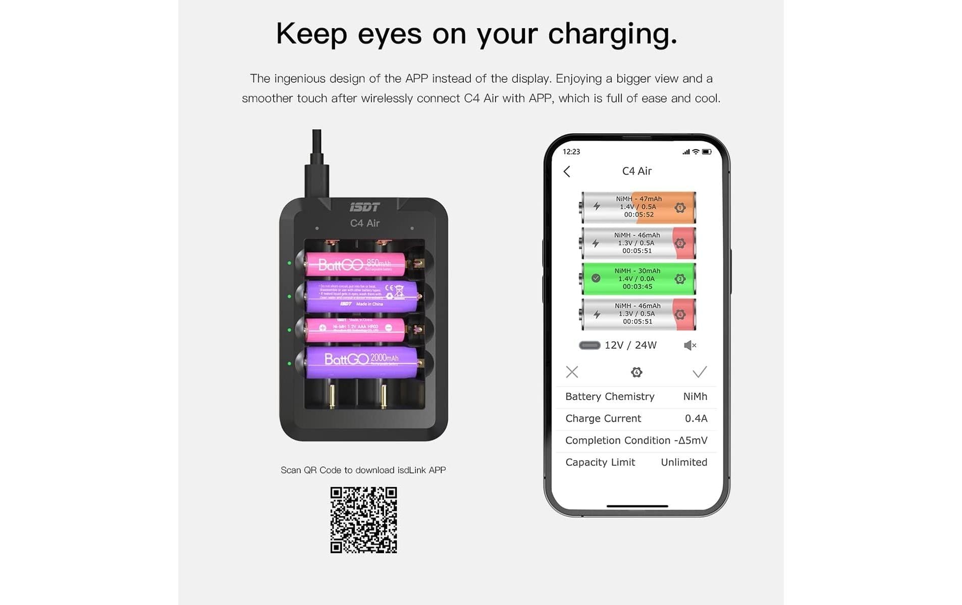 ISDT C4 Air Batterieladegerät 40 W – 4 Schächte, für AA/AAA, Li‑Ion/LiFePO4/NiMH – USB‑C – Schwarz