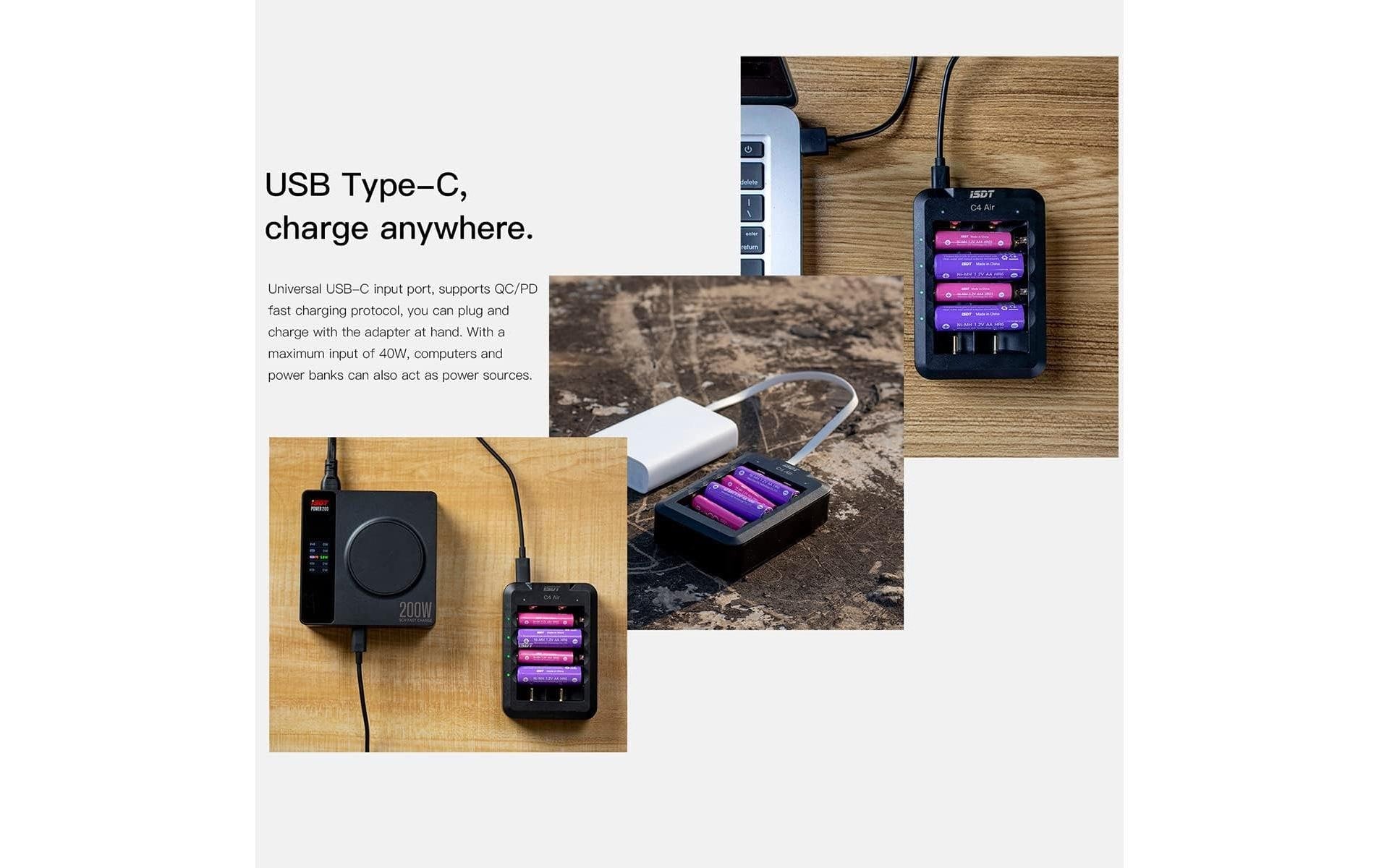 ISDT C4 Air Batterieladegerät 40 W – 4 Schächte, für AA/AAA, Li‑Ion/LiFePO4/NiMH – USB‑C – Schwarz