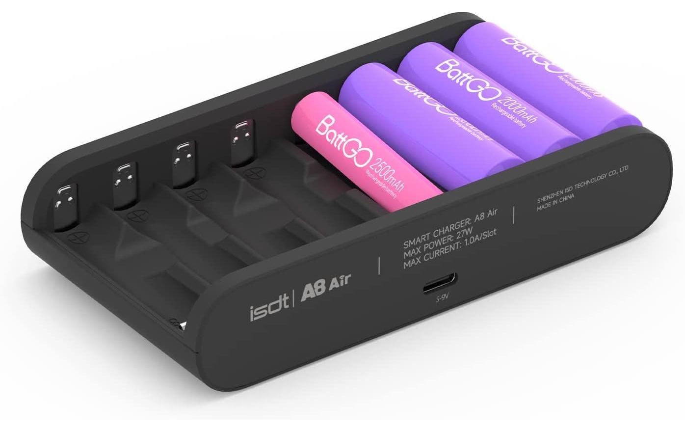 ISDT A8 Air Batterieladegerät 4× – für AA/AAA, Li‑Ion/LiFePO4/NiMH – USB‑C×1 – grau