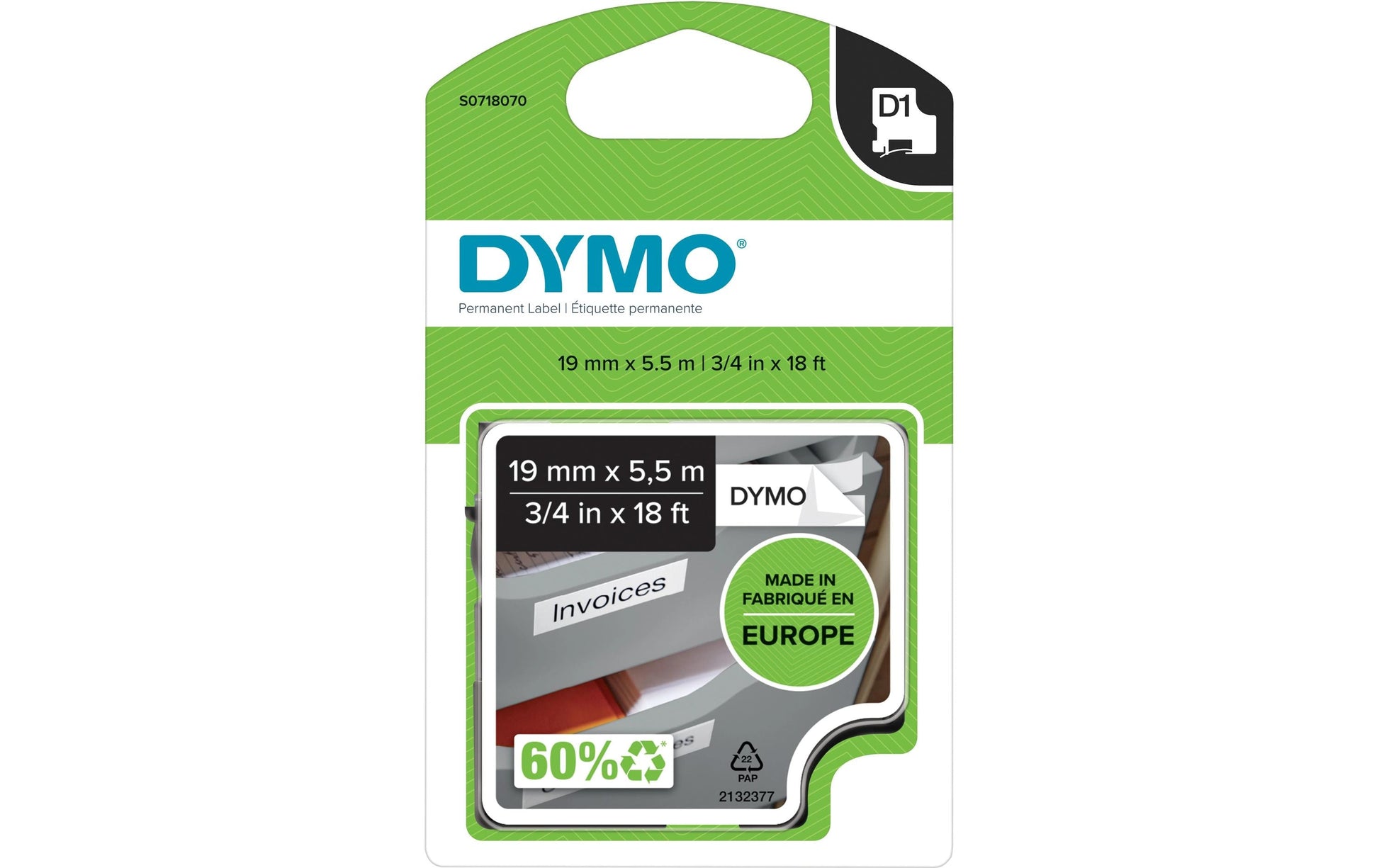 DYMO Schriftband – 19 mm × 5,5 m, weiss, schwarz, D1-TAPE