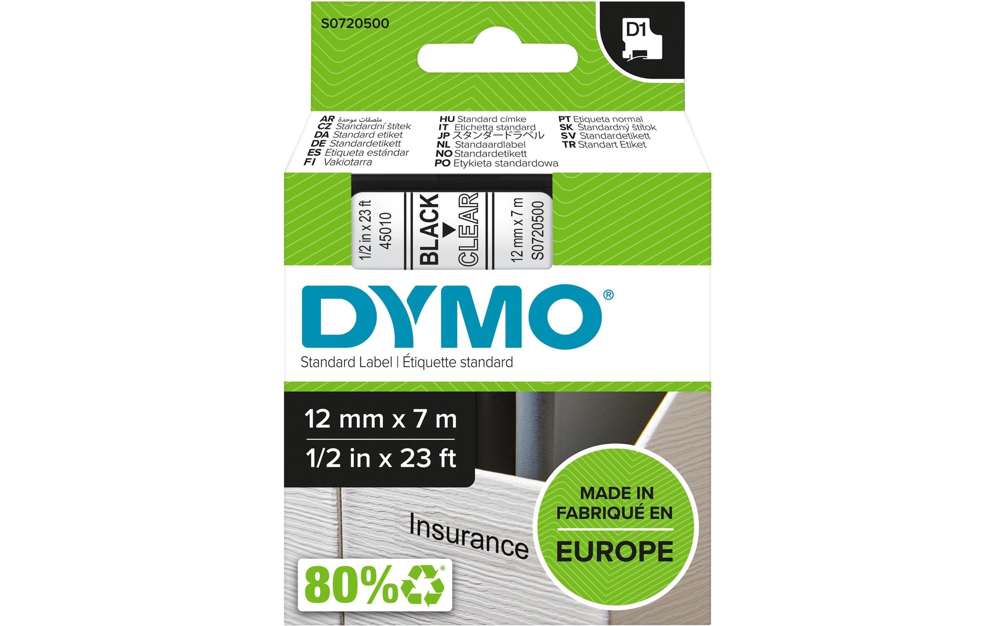 DYMO Schriftband – 12 mm × 7 m, transparent, schwarz – D1-TAPE