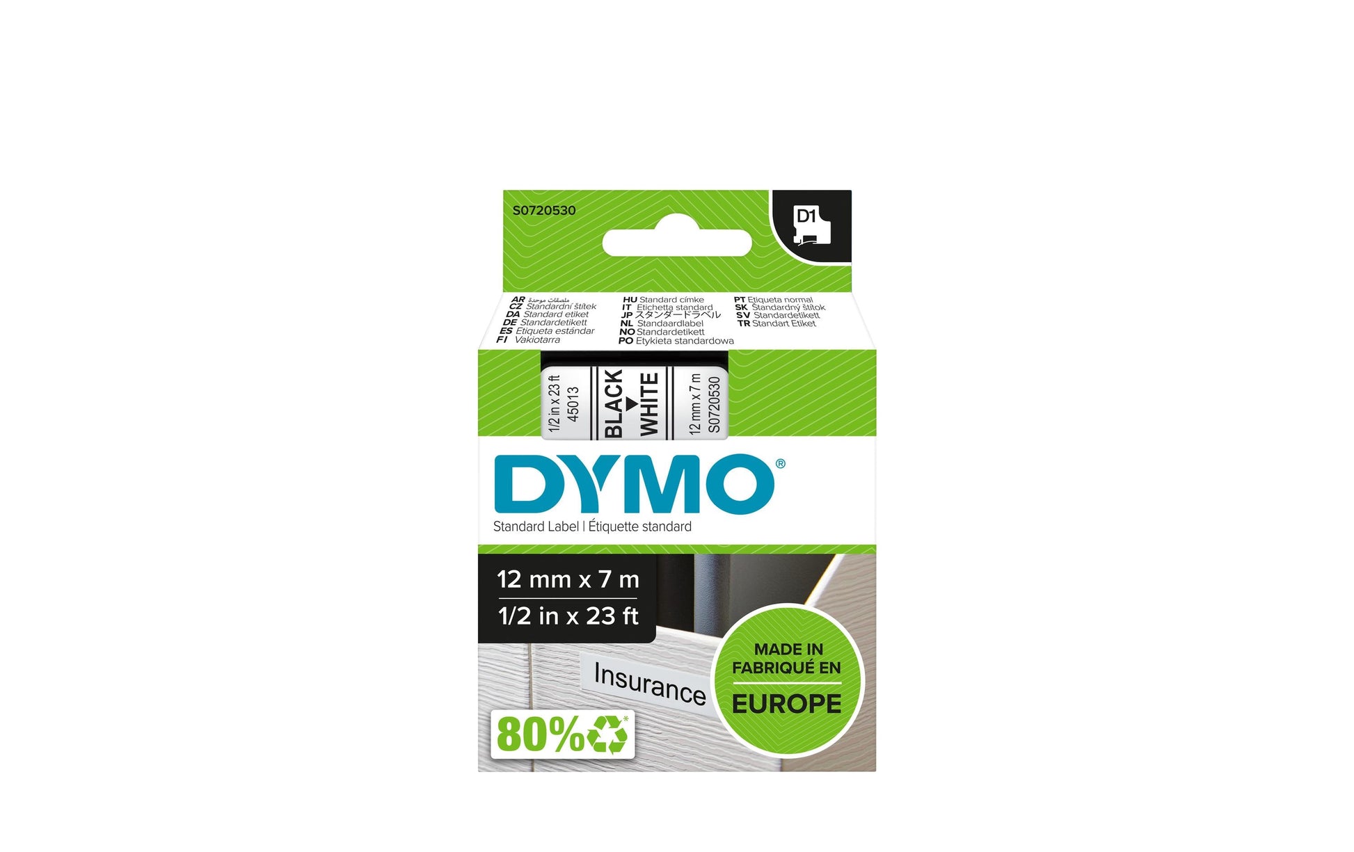 DYMO Schriftband – 12 mm × 7 m, weiss, schwarz – für LabelManager, LabelWriter 450 DUO – D1-TAPE