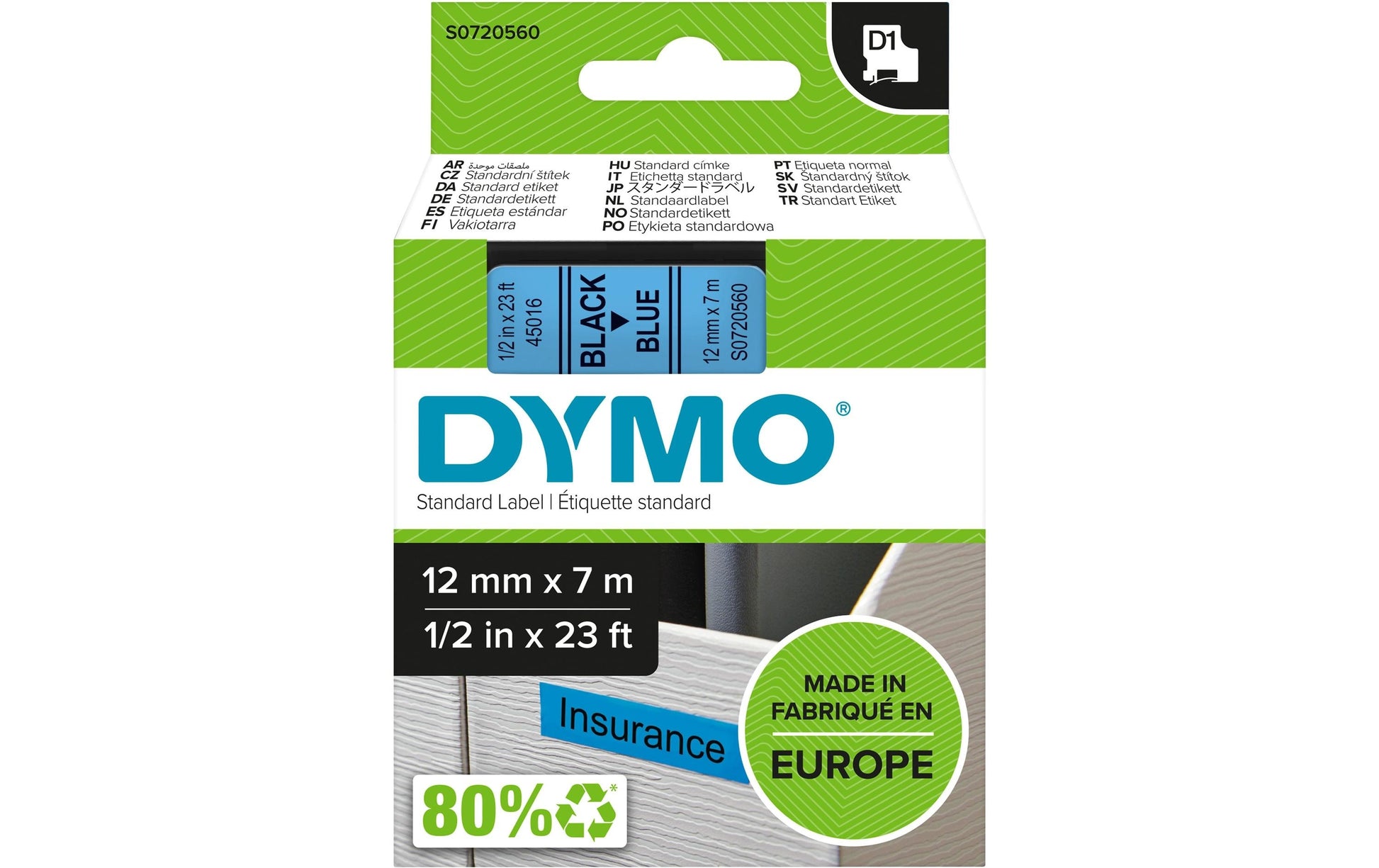 DYMO Schriftband – 12 mm × 7 m, blau, schwarz – D1-TAPE