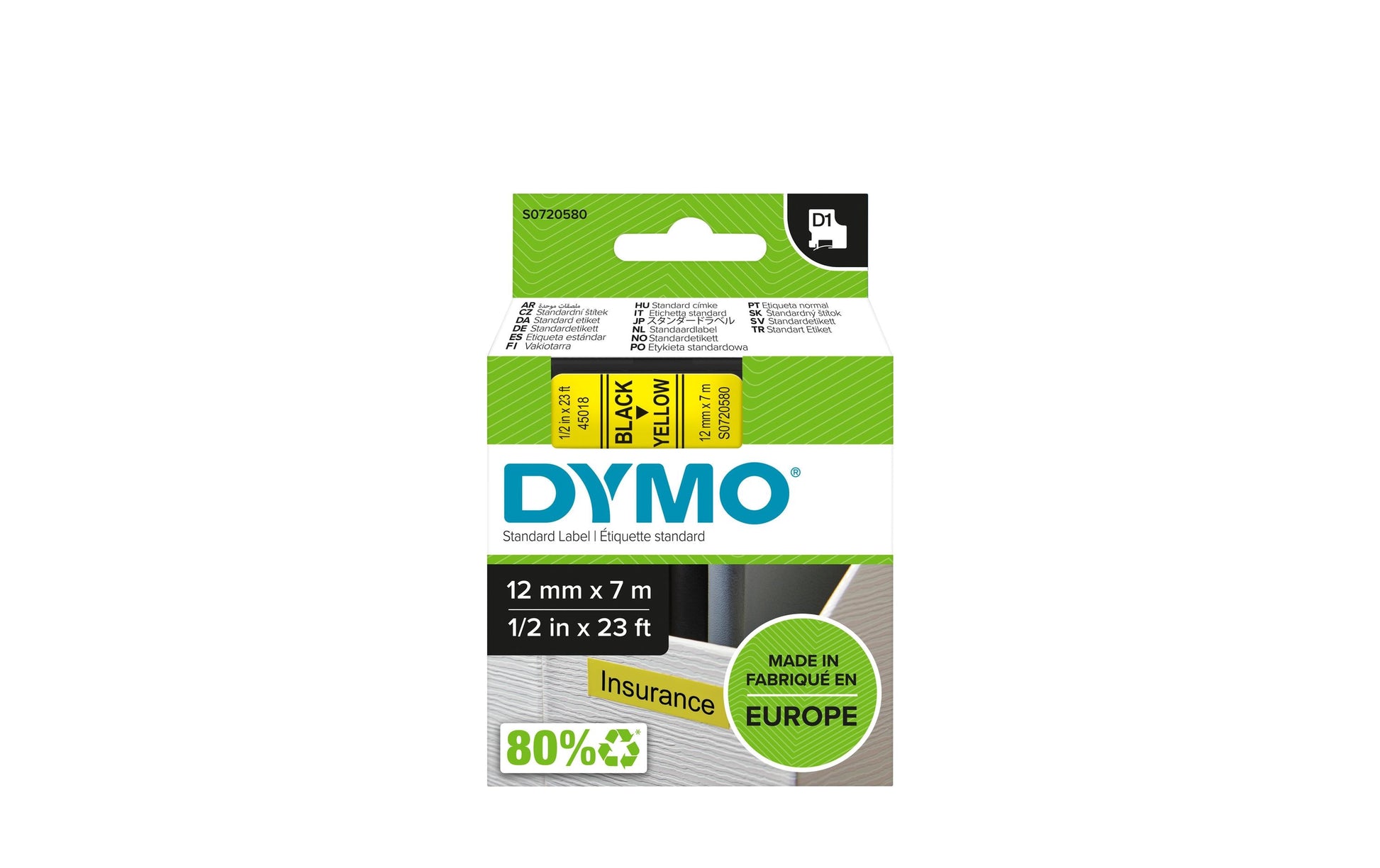 DYMO Schriftband – 12 mm × 7 m, gelb, schwarz – D1-TAPE