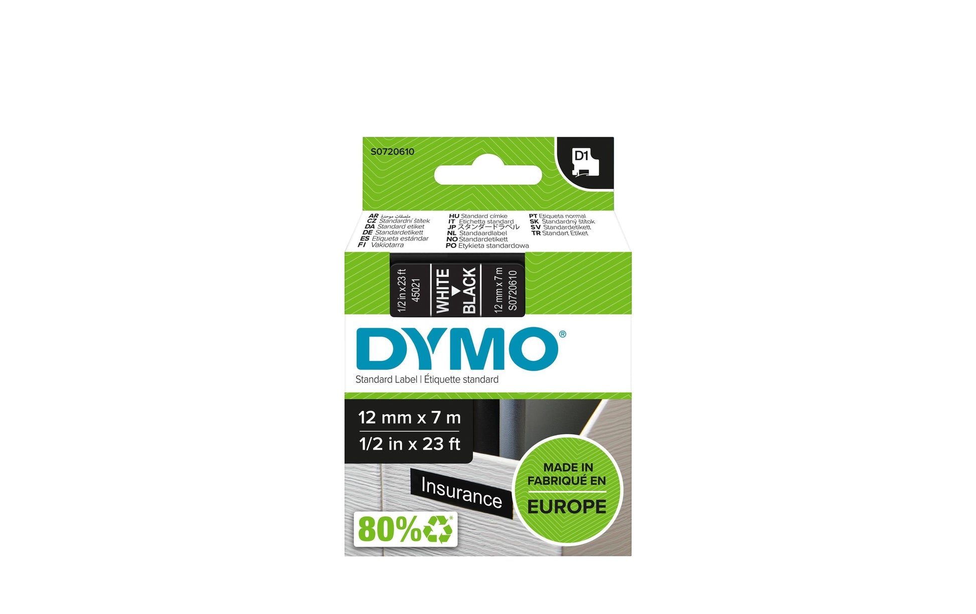 DYMO Schriftband – 12 mm × 7 m, schwarz, weiss – für LabelManager, LabelWriter 450 DUO – D1-TAPE