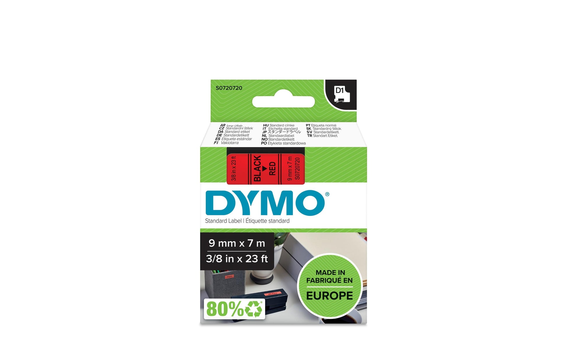DYMO Schriftband – 9 mm × 7 m, rot, schwarz – für LabelManager, LabelWriter 450 DUO – D1-TAPE