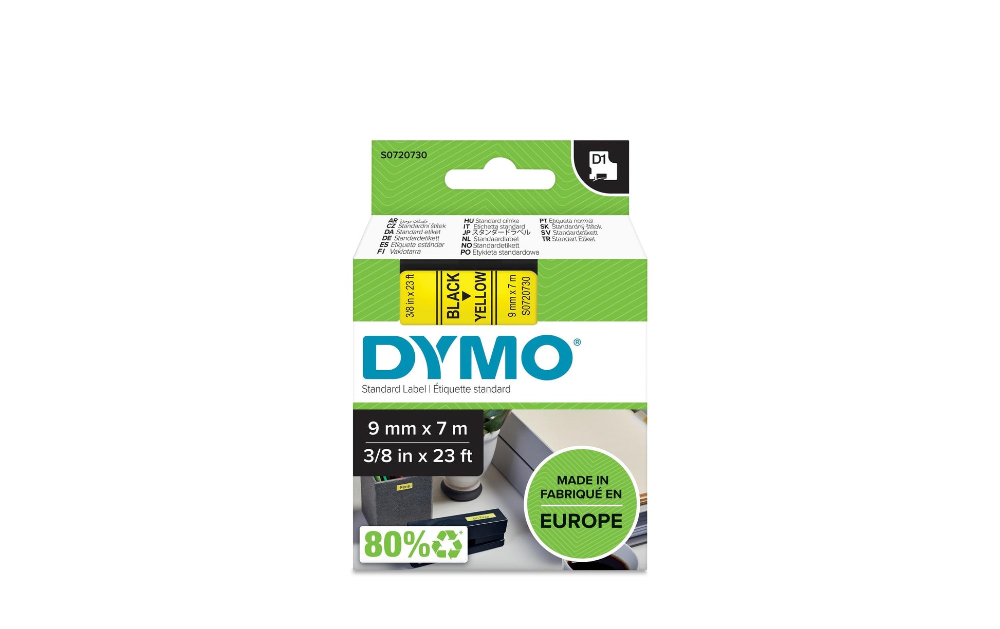 DYMO Schriftband – 9 mm × 7 m, Gelb, Schwarz – D1-TAPE