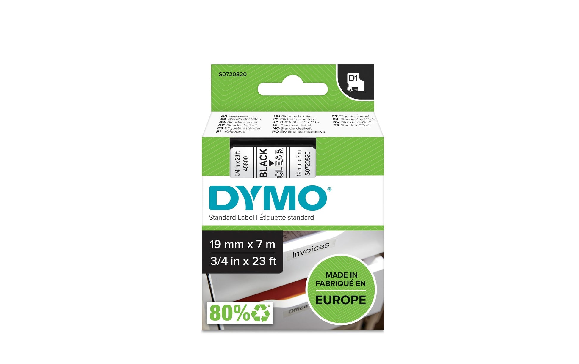 DYMO Schriftband – 19 mm × 7 m, transparent, schwarz, D1