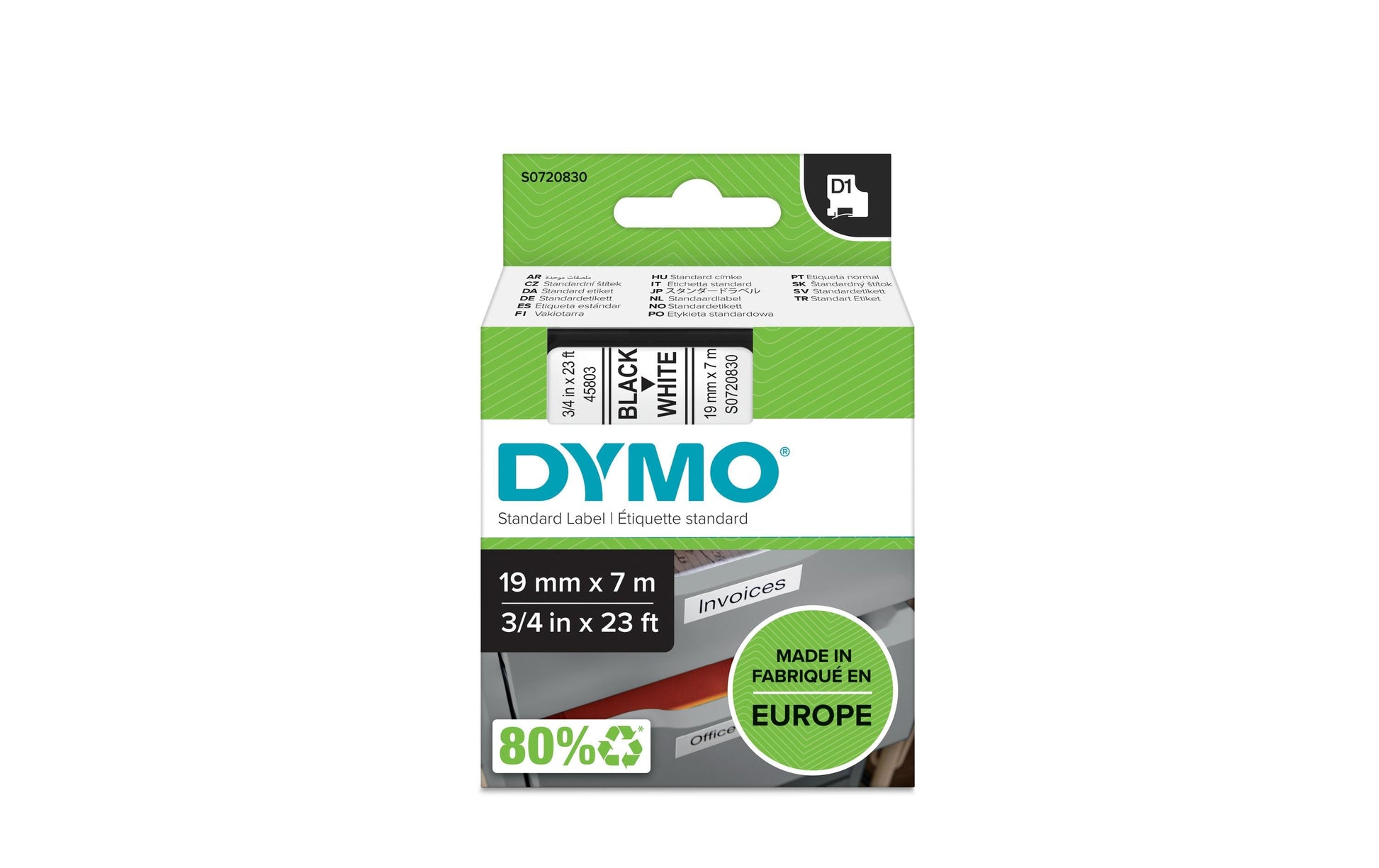 DYMO Schriftband – 19 mm × 7 m, weiss, schwarz – D1-TAPE