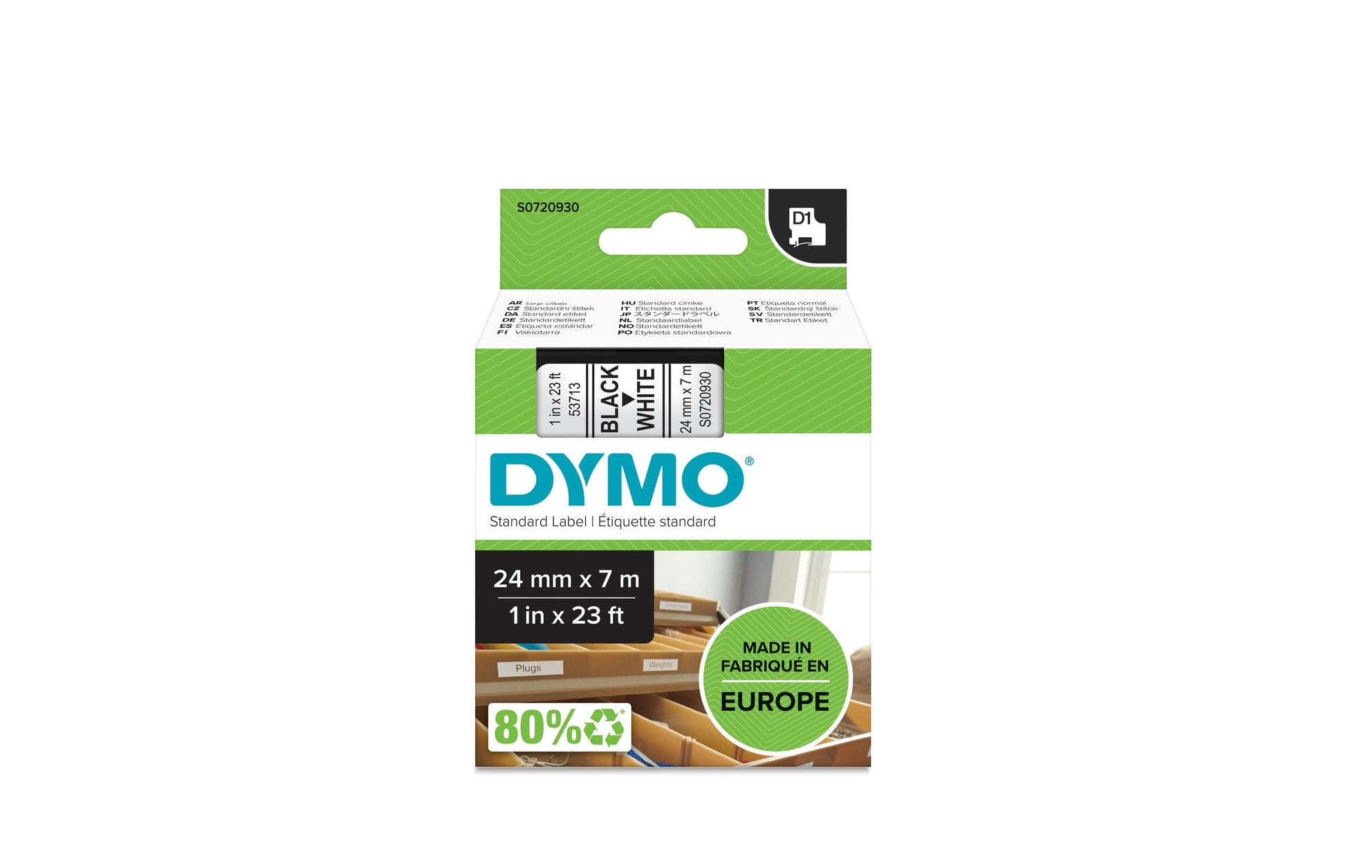 DYMO Schriftband – 24 mm × 7 m, weiss, schwarz – D1-TAPE