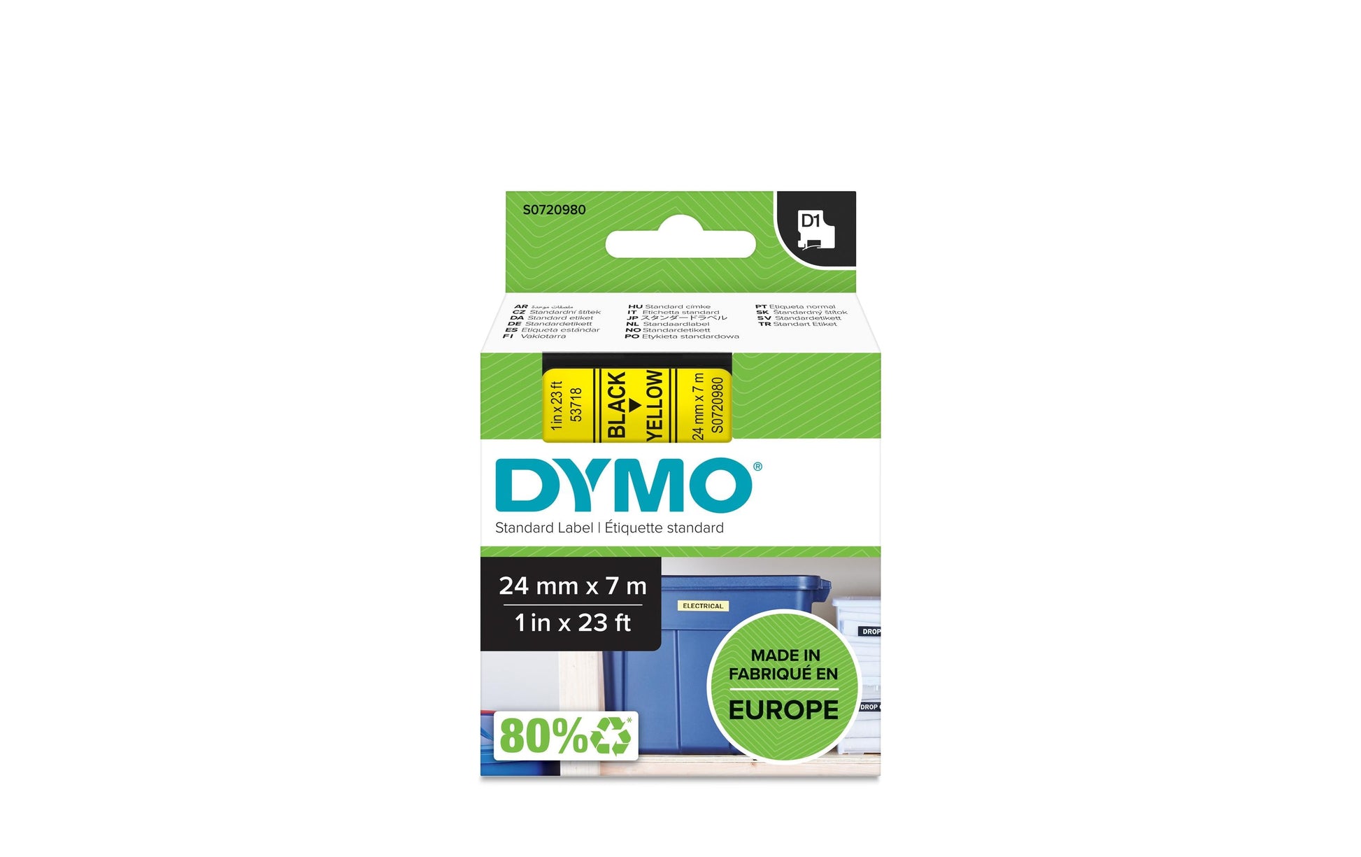 DYMO Schriftband – 24 mm × 7 m, gelb, schwarz – D1-TAPE