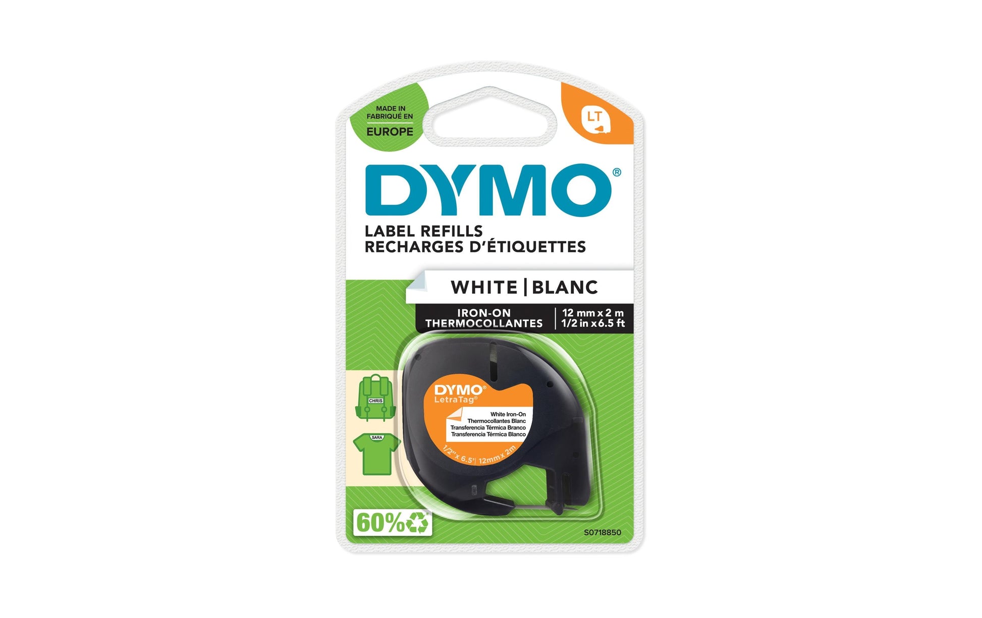 DYMO Textilband – 12 mm × 2 m, weiss, schwarz, LetraTag