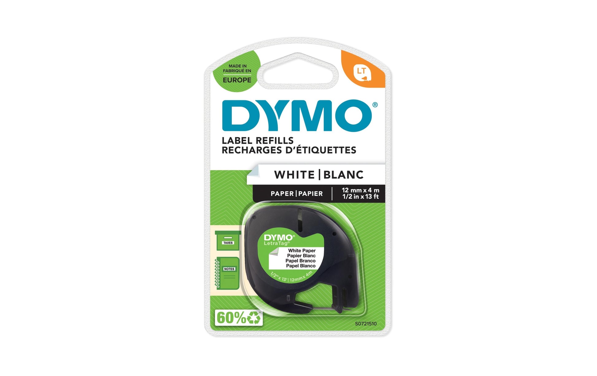 DYMO Schriftband – 12 mm × 4 m, weiss, schwarz, LetraTag