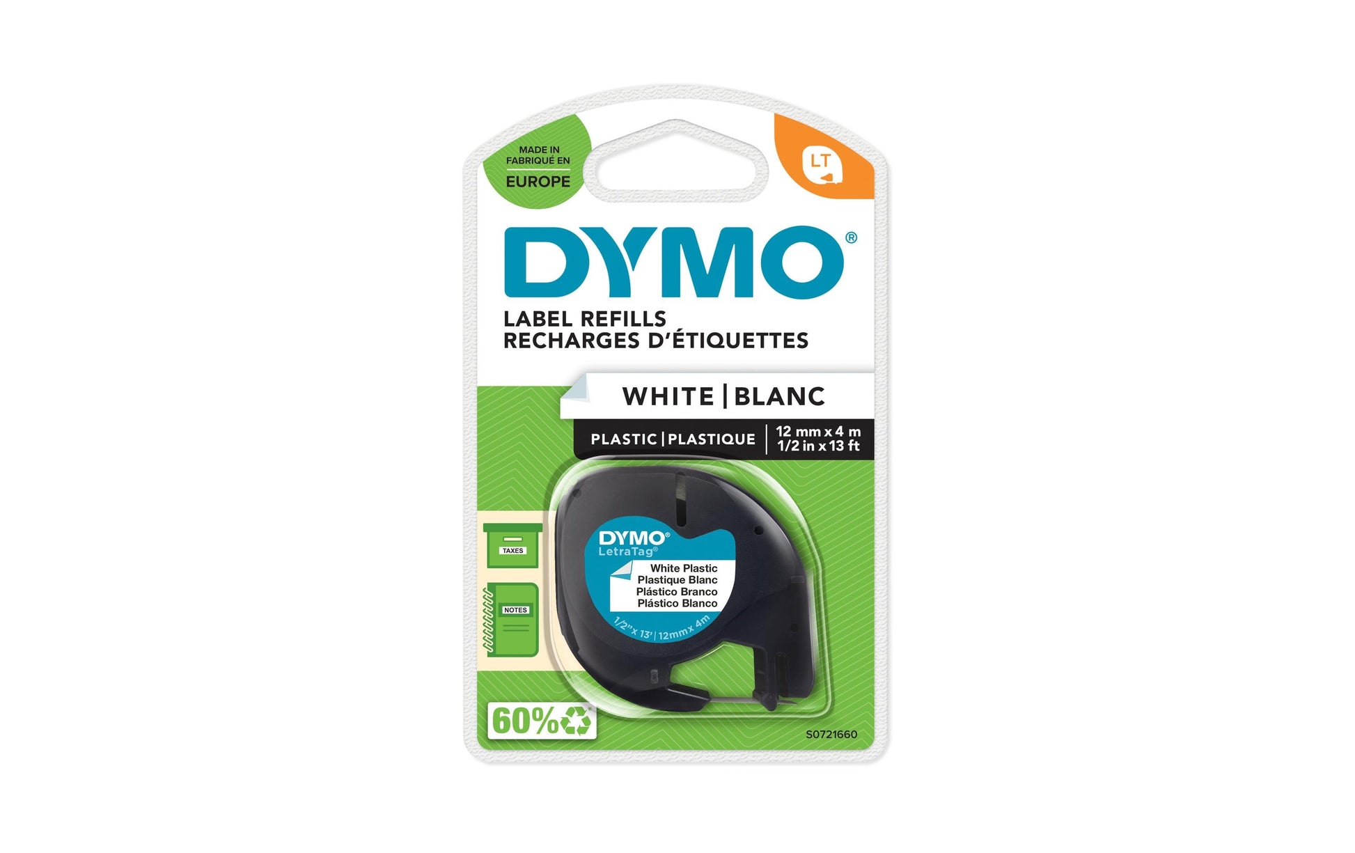 DYMO Schriftband – 12 mm × 4 m, weiss, schwarz – LT-TAPE