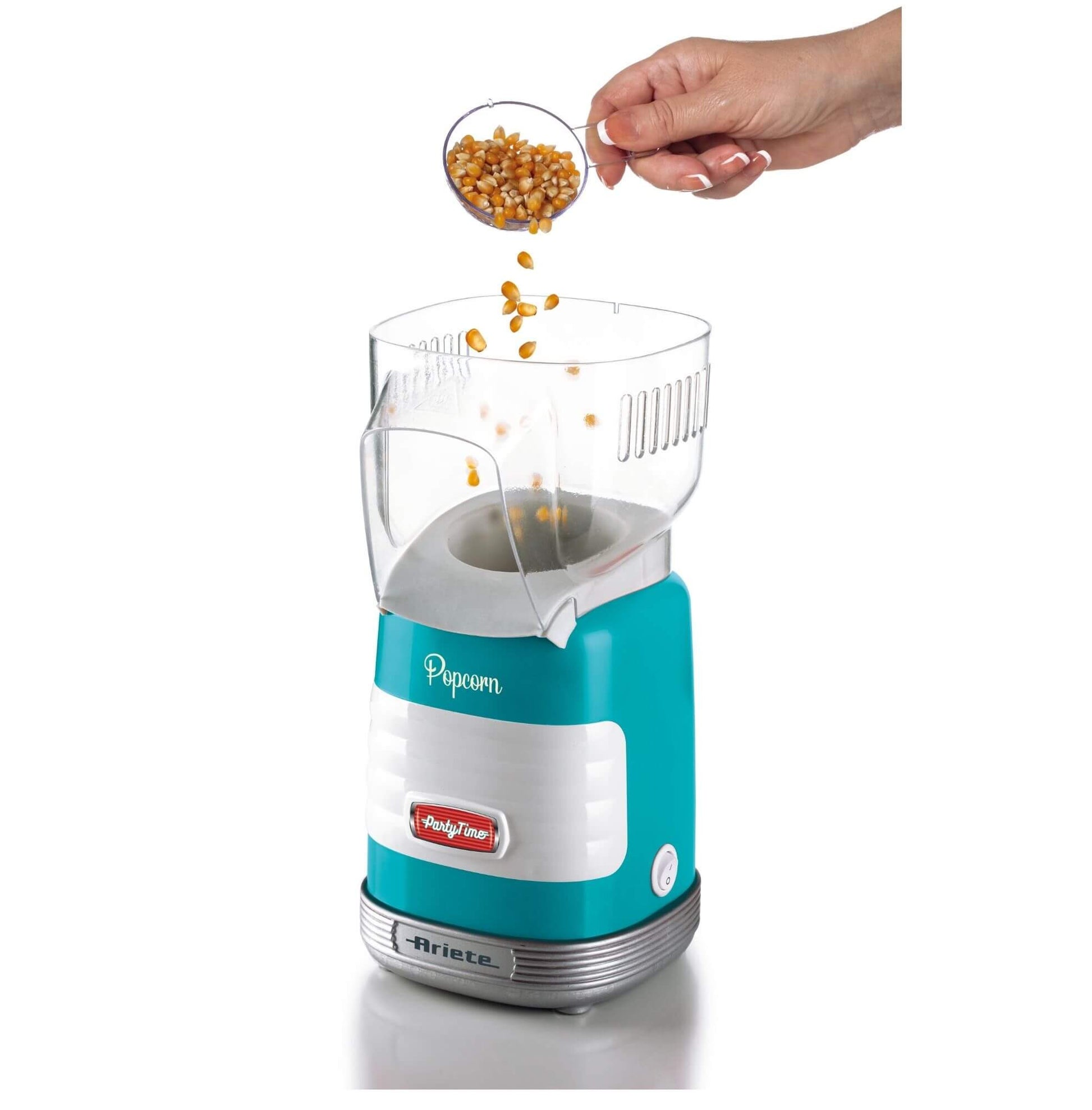Ariete Popcornmaschine ARI-2956-BL – 60 g, Heissluft, 1100 W – Blau/Transparent