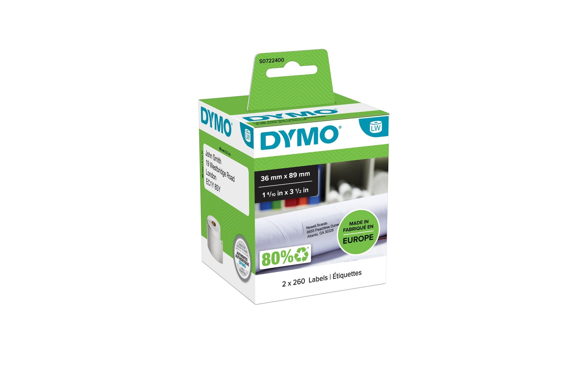 DYMO Druckeretiketten, 36 mm × 89 mm, weiss, 2 × 260 Etiketten