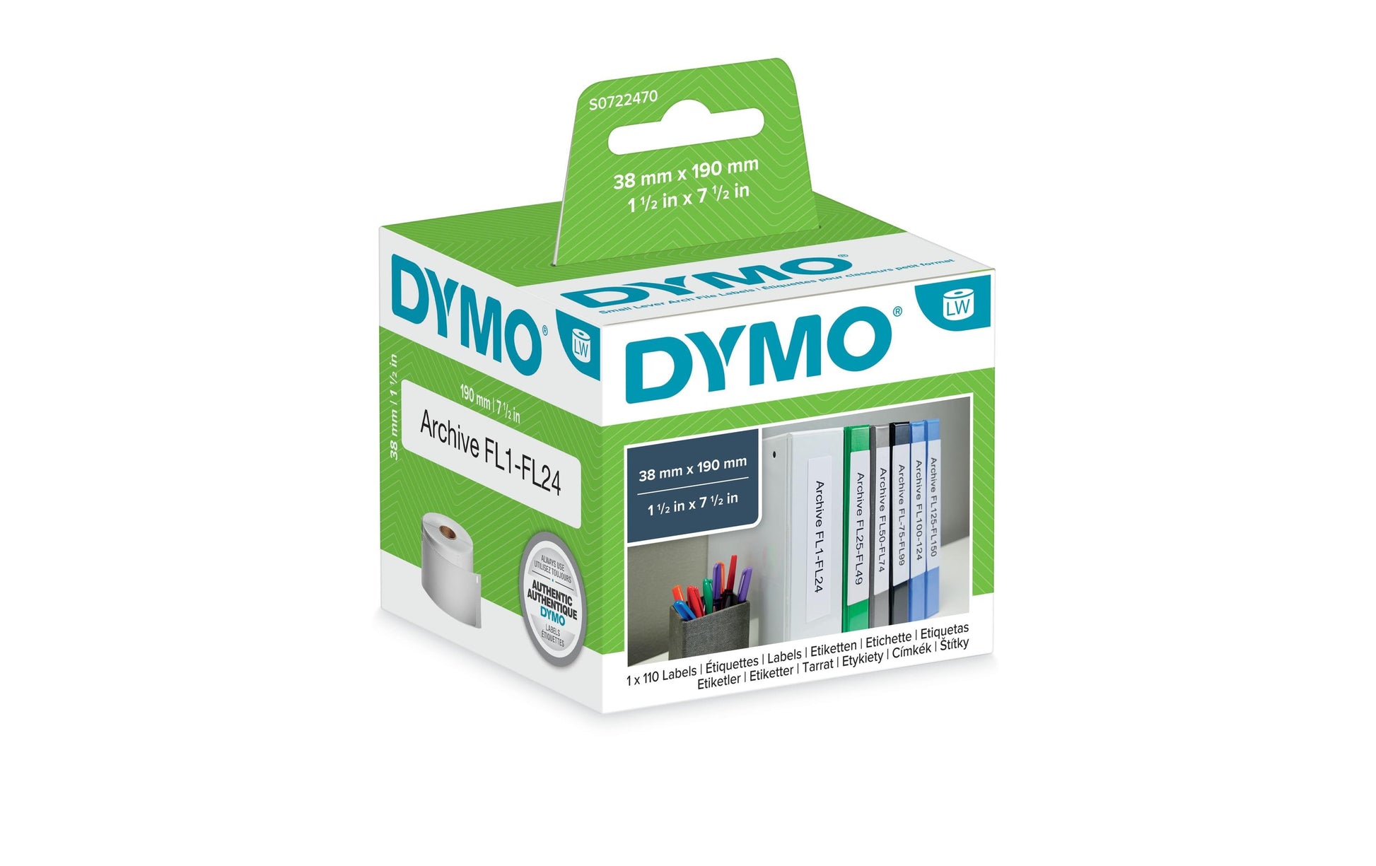 DYMO Druckeretiketten LW-Labels, 38 mm × 190 mm, weiss, 110 Stück