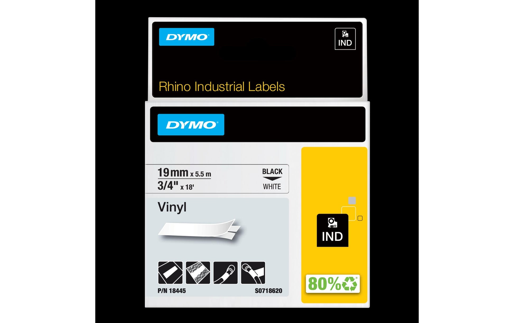 DYMO Schriftband – 19 mm × 5,5 m, weiss, schwarz, Rhino IND – für DYMO Rhino: 3000, 4200, 5000 und weitere