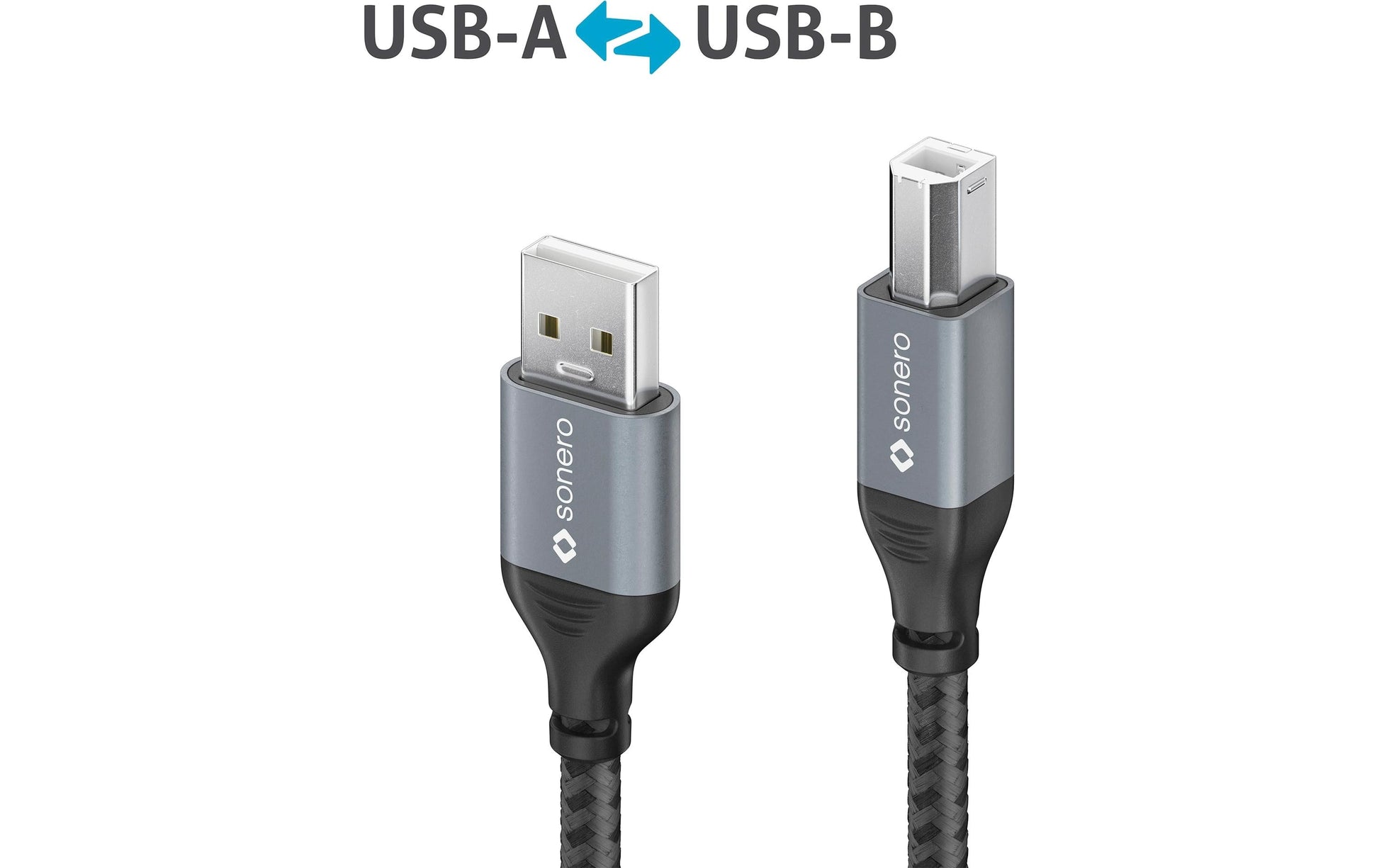 sonero USB-Kabel – USB-A auf USB-B – USB 2.0 (480 Mbit/s) – 3 m – Geflochten, Baumwolle – Schwarz/Grau