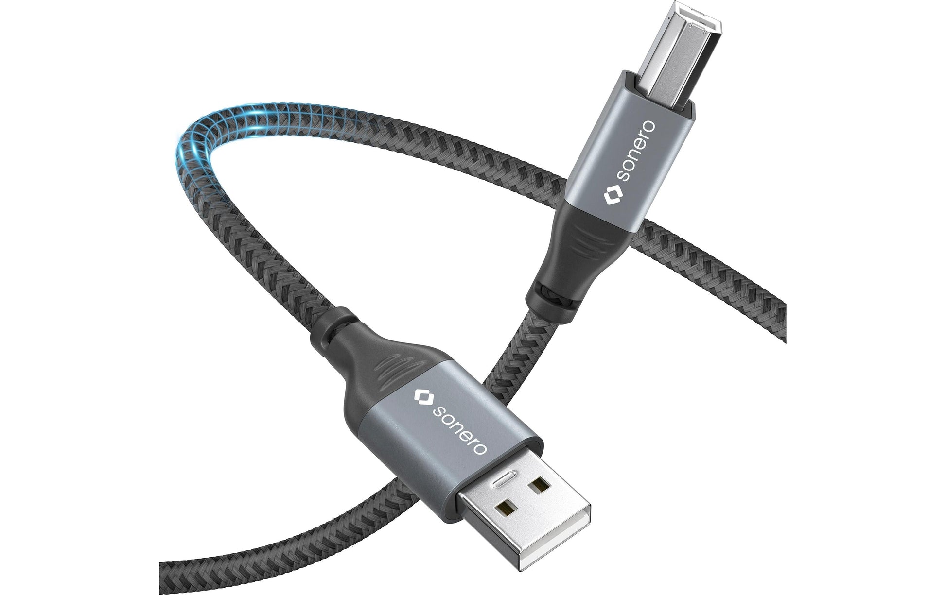 sonero USB-Kabel – USB-A auf USB-B – USB 2.0 (480 Mbit/s) – 3 m – Geflochten, Baumwolle – Schwarz/Grau