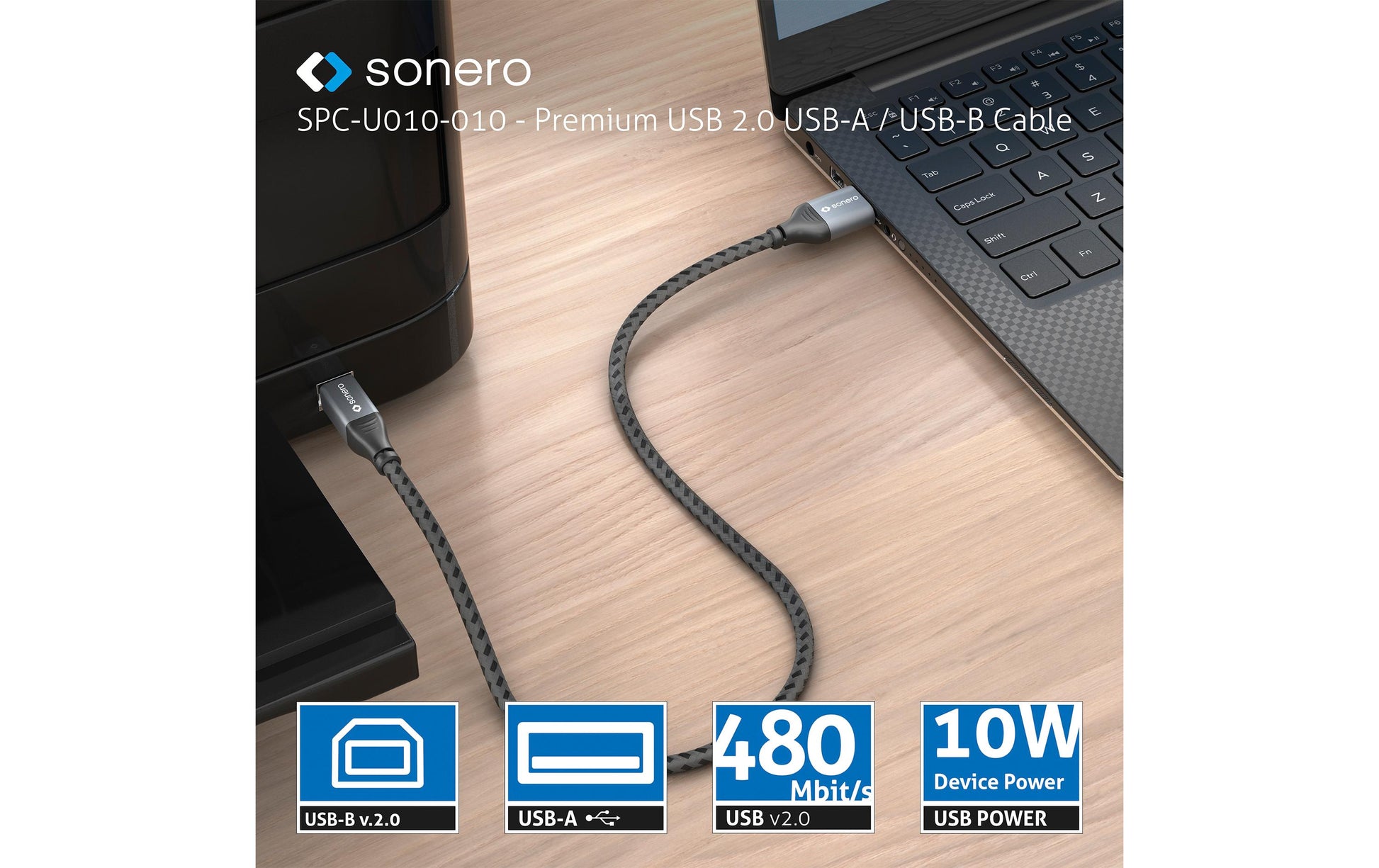 Sonero – USB-A auf USB-B Kabel – USB 2.0 (480 Mbit/s) – 1,5 m – Geflochten – Schwarz/Grau