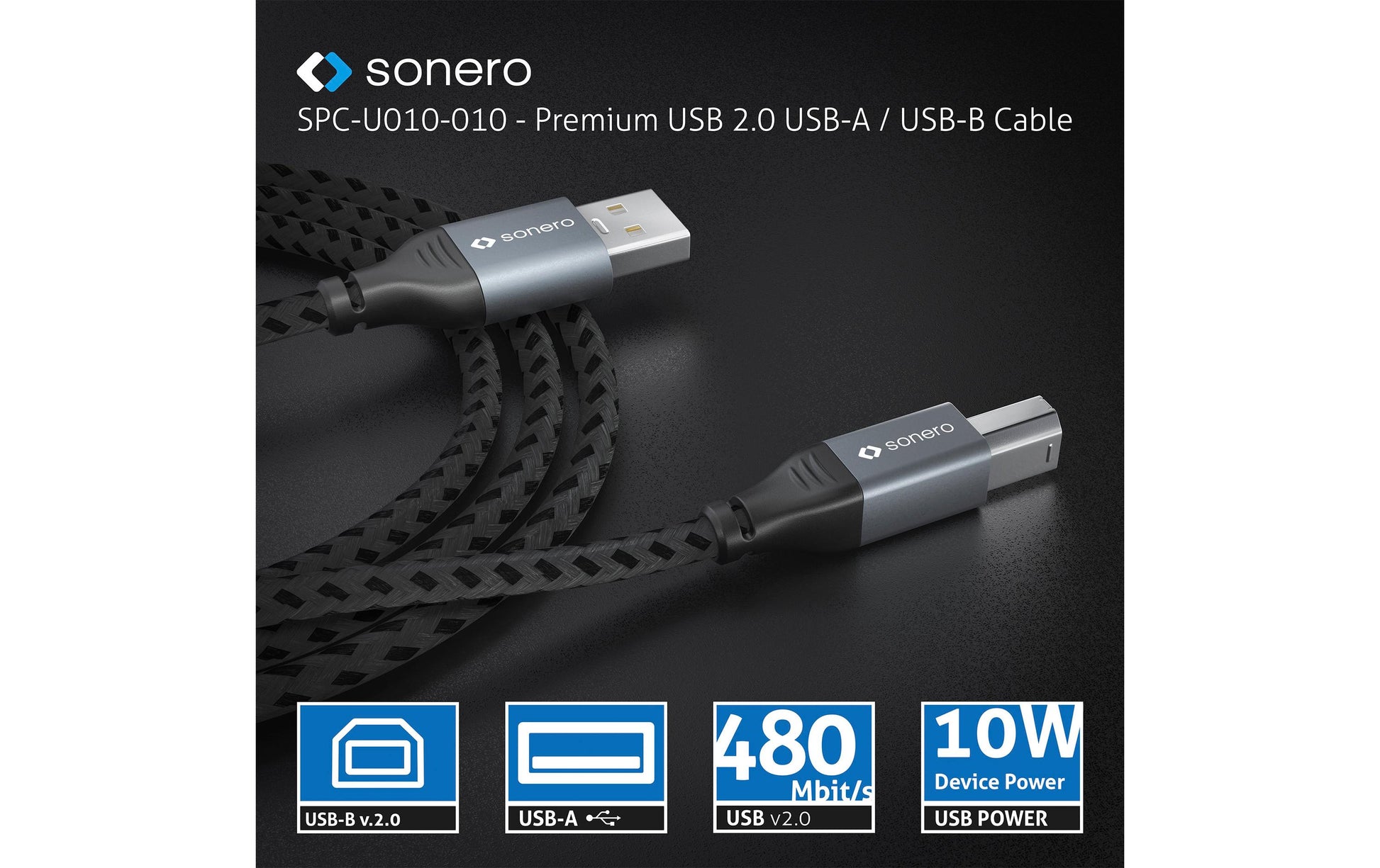 Sonero – USB-A auf USB-B Kabel – USB 2.0 (480 Mbps) – 5 m – Geflochten, Verstärkt – Schwarz