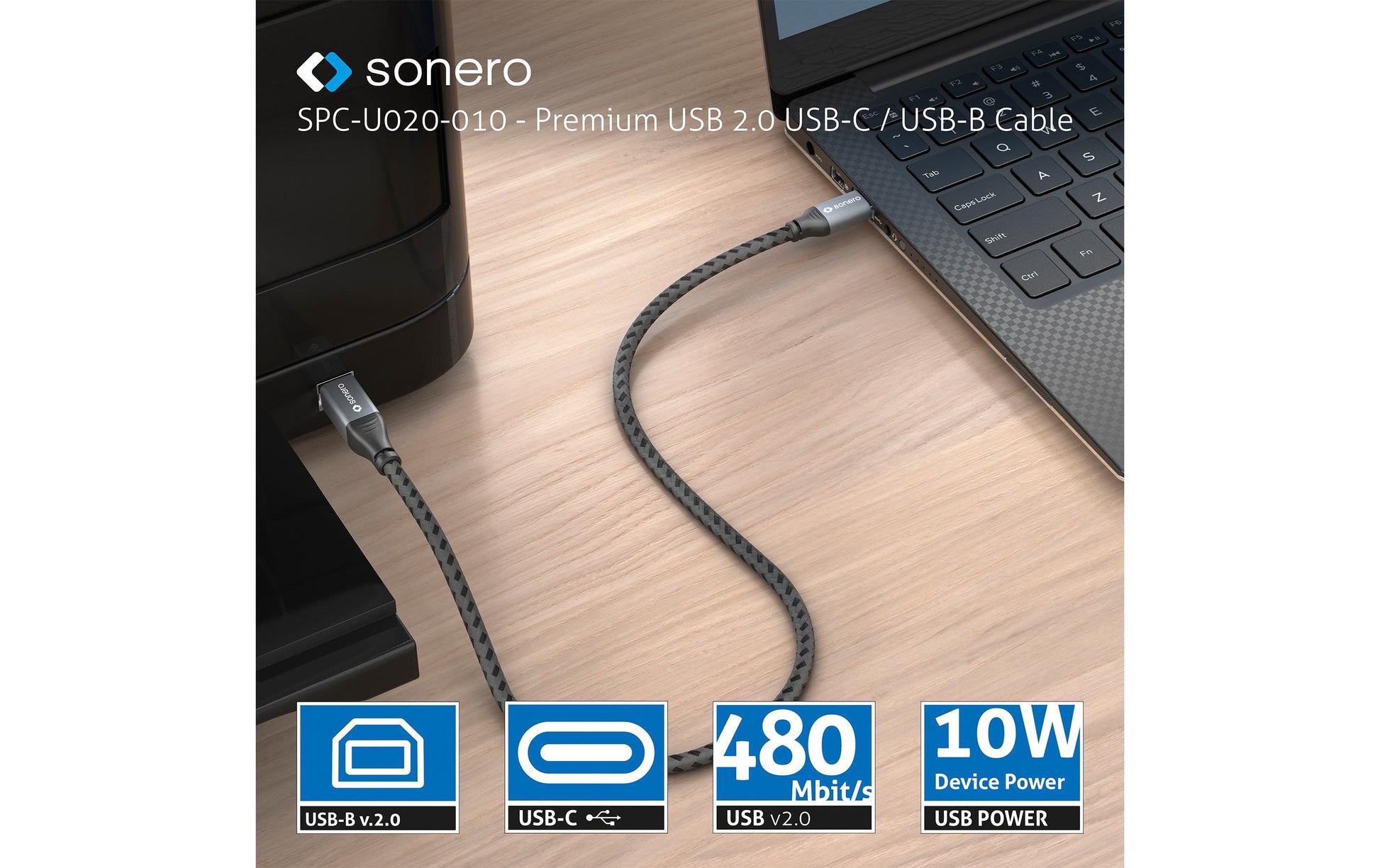 Sonero – USB-C auf USB-B Kabel – USB 2.0 (480 Mbit/s) – 3 m – Geflochten – Schwarz/Grau