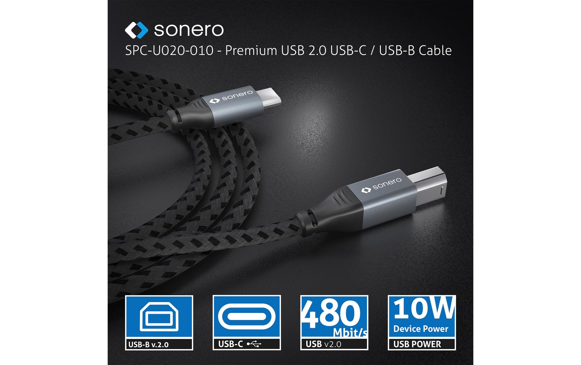 Sonero – USB-C auf USB-B Kabel – USB 2.0 (480 Mbit/s) – 3 m – Geflochten – Schwarz/Grau