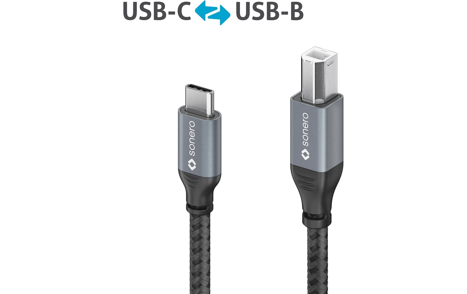 Sonero – USB-C auf USB-B Kabel – USB 2.0 (480 Mbit/s) – 3 m – Geflochten – Schwarz/Grau