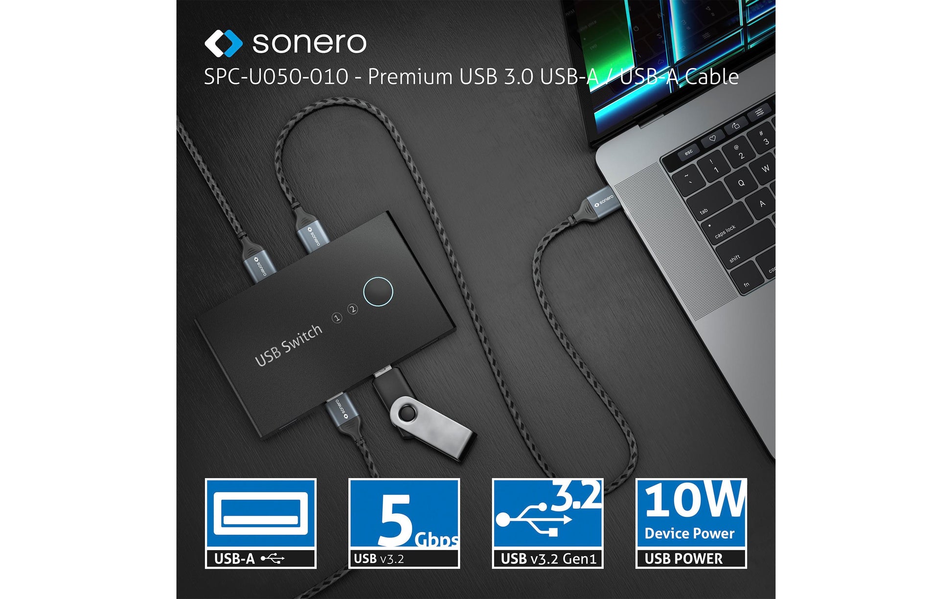 Sonero – USB-A auf USB-A Kabel – USB 3.2 Gen 1 (5 Gbit/s) – 2 m – Geflochten, Nylonmantel – Schwarz/Grau