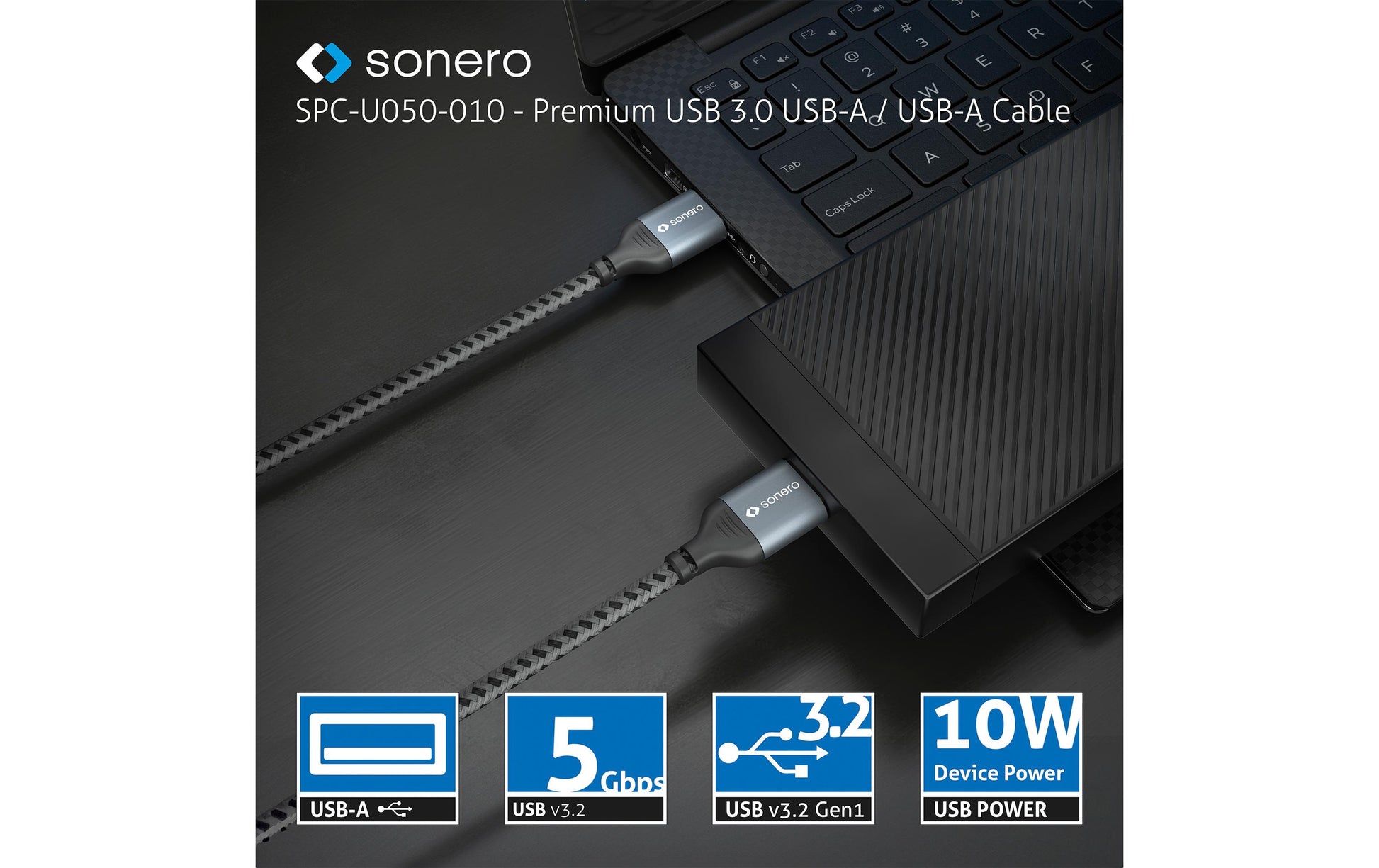 Sonero – USB-A auf USB-A Kabel – USB 3.2 Gen 1 (5 Gbit/s) – 3 m – Geflochten, Nylonmantel – Schwarz/Grau