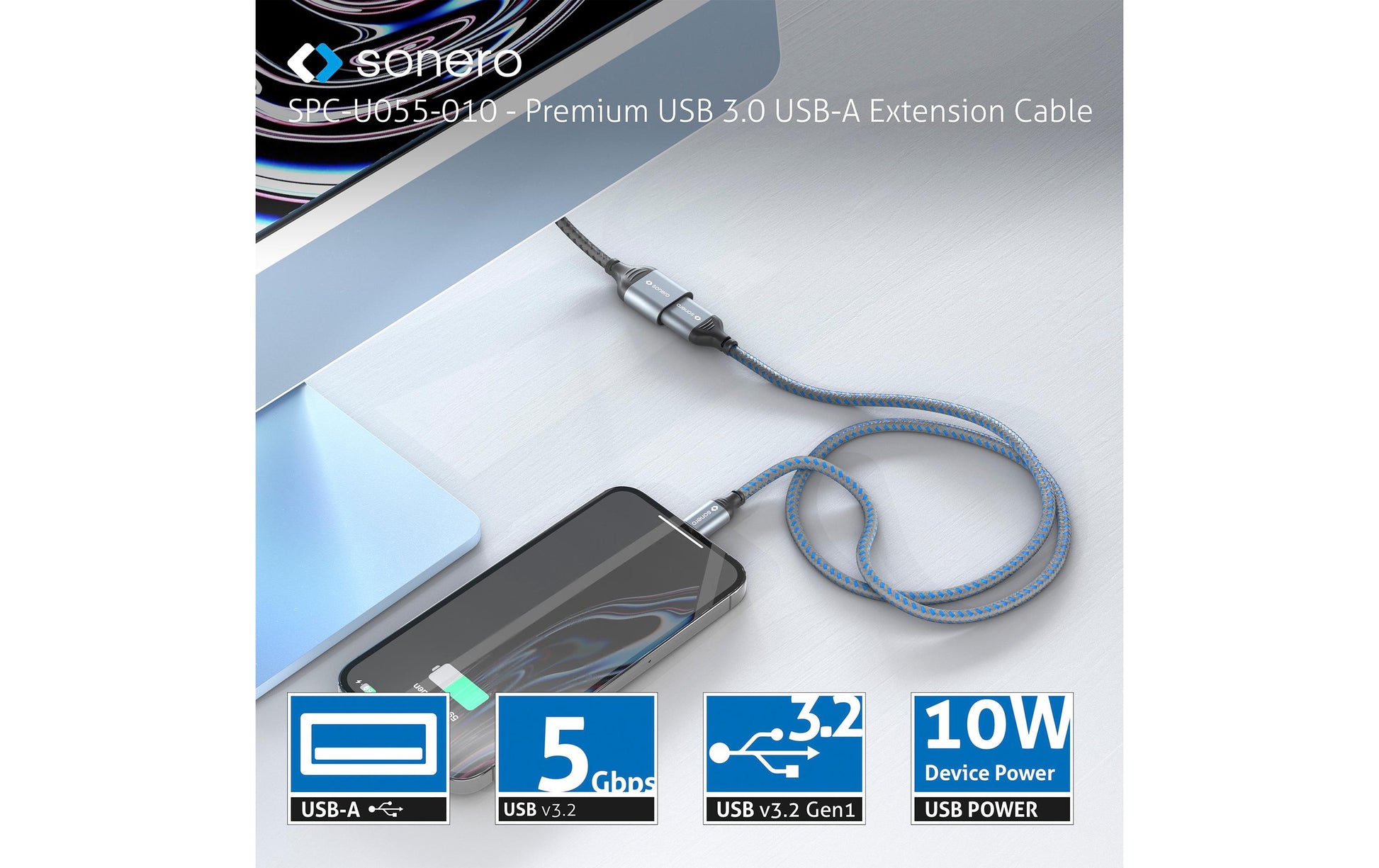 Sonero – USB-A Verlängerungskabel (Stecker auf Buchse) – USB 3.2 Gen 1 (5 Gbit/s) – 2 m – Schwarz/Grau