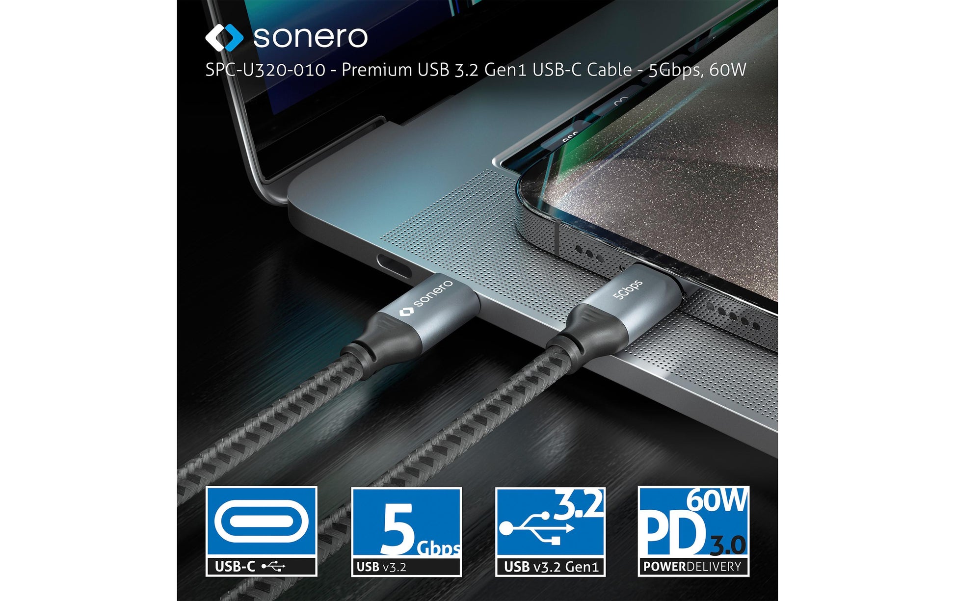 Sonero – USB-C auf USB-C Kabel – USB 3.2 Gen 1 (5 Gbit/s) – 1 m – PD 60 W – Geflochten – Schwarz/Grau